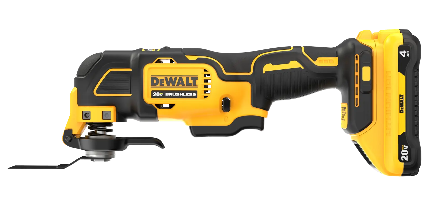 A DEWALT 20V brushless cordless oscillating multi-tool, featuring a yellow and black design with a battery attached.
