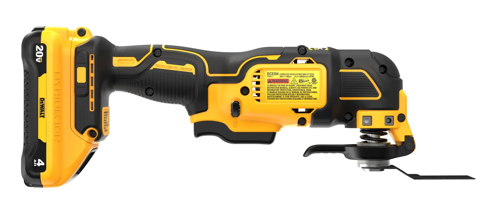 A DEWALT 20V cordless oscillating multi-tool with a yellow and black design, model DCS354Q1, shown from the side with its attachment installed.