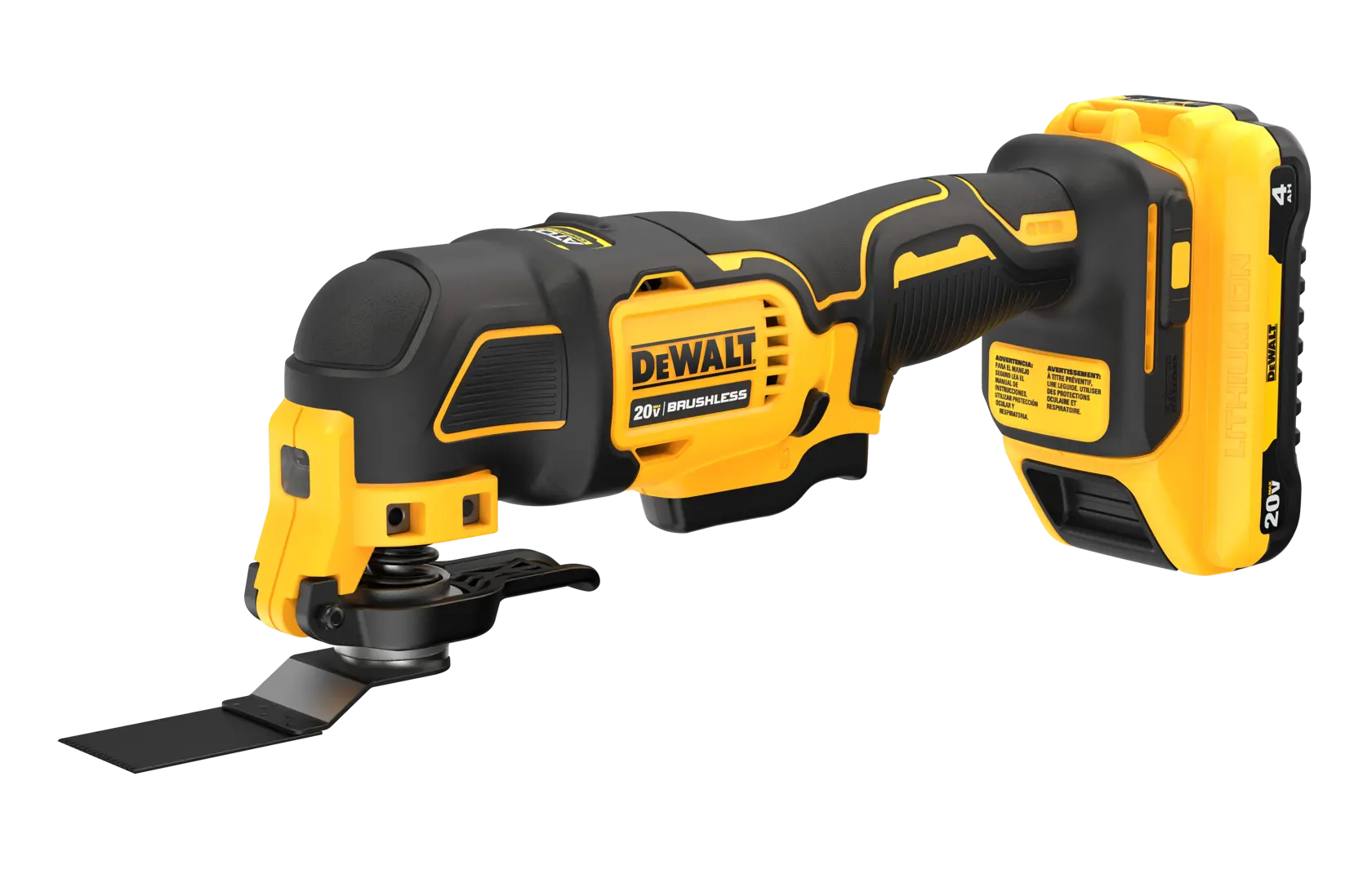 A DEWALT 20V brushless cordless oscillating multi-tool, featuring a yellow and black body, with a lithium-ion battery attached at the end.