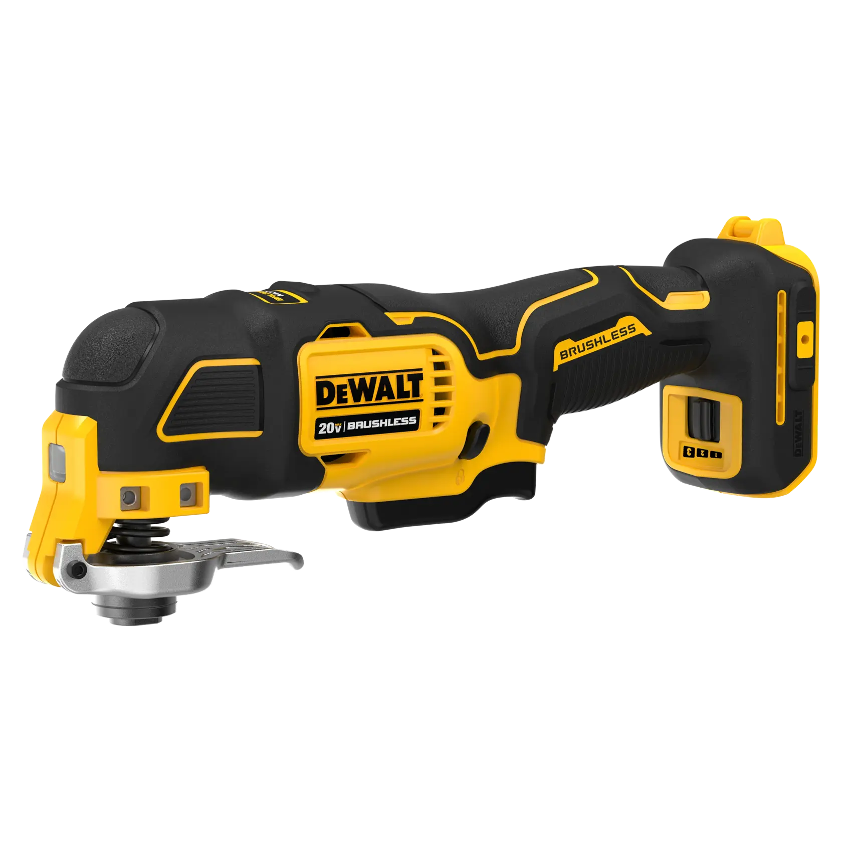 A DEWALT 20V brushless cordless oscillating multi-tool, featuring a black and yellow ergonomic design, displayed against a white background.