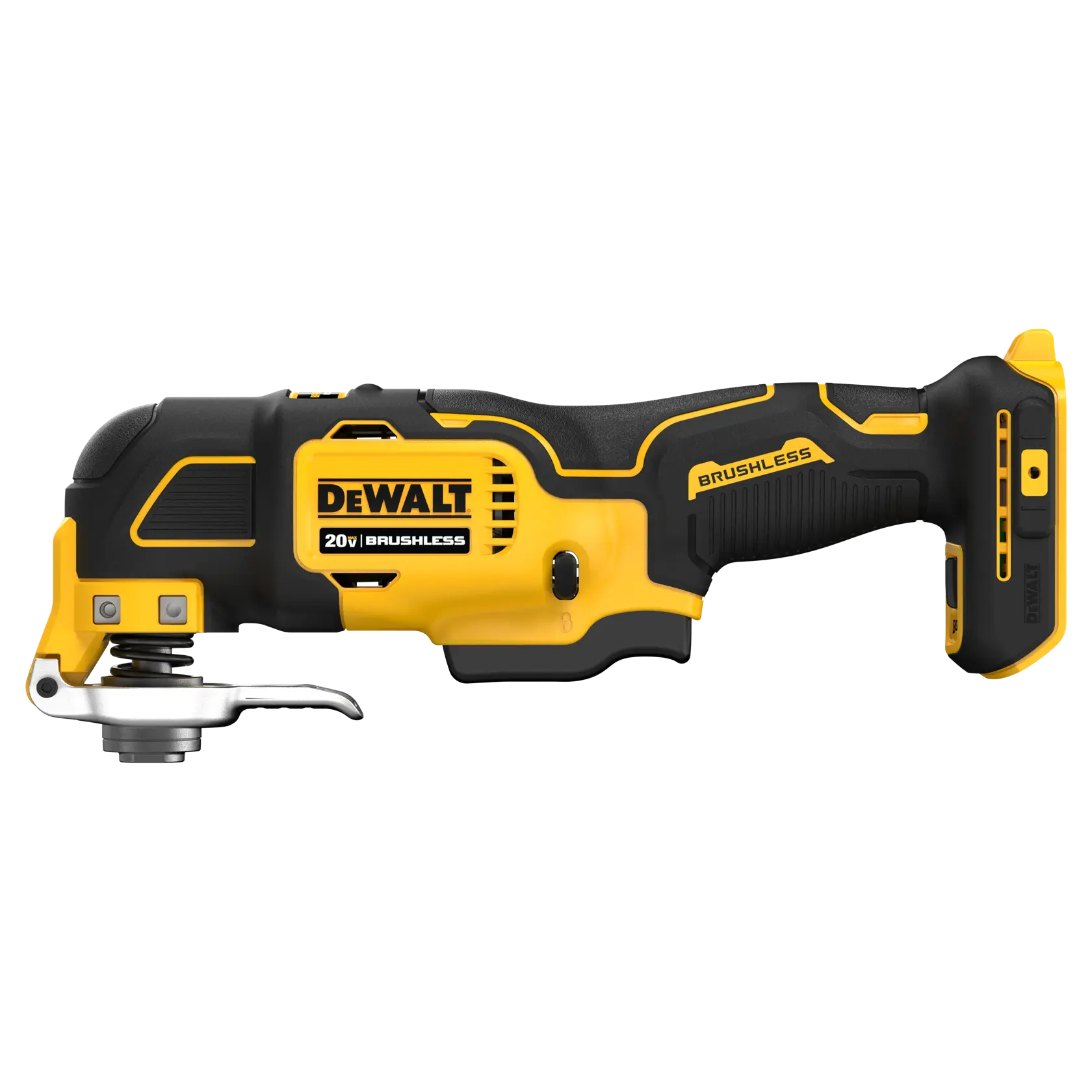 A DEWALT 20V brushless cordless oscillating multi-tool, shown in a side view. The tool is mainly yellow and black in color, with the DEWALT logo visible on the body.