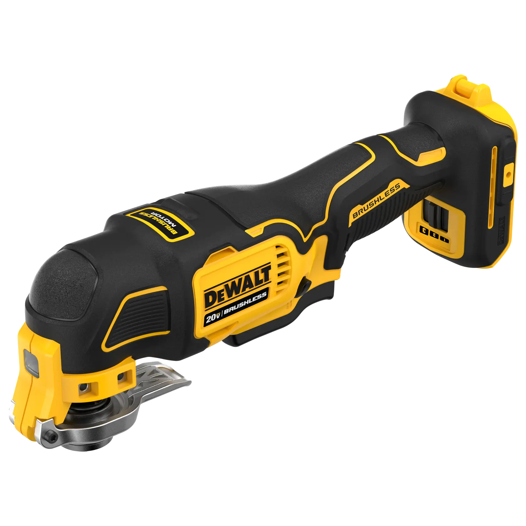 A DEWALT 20V cordless brushless oscillating multi-tool, shown in black and yellow, designed for cutting, sanding, and scraping with interchangeable blades.