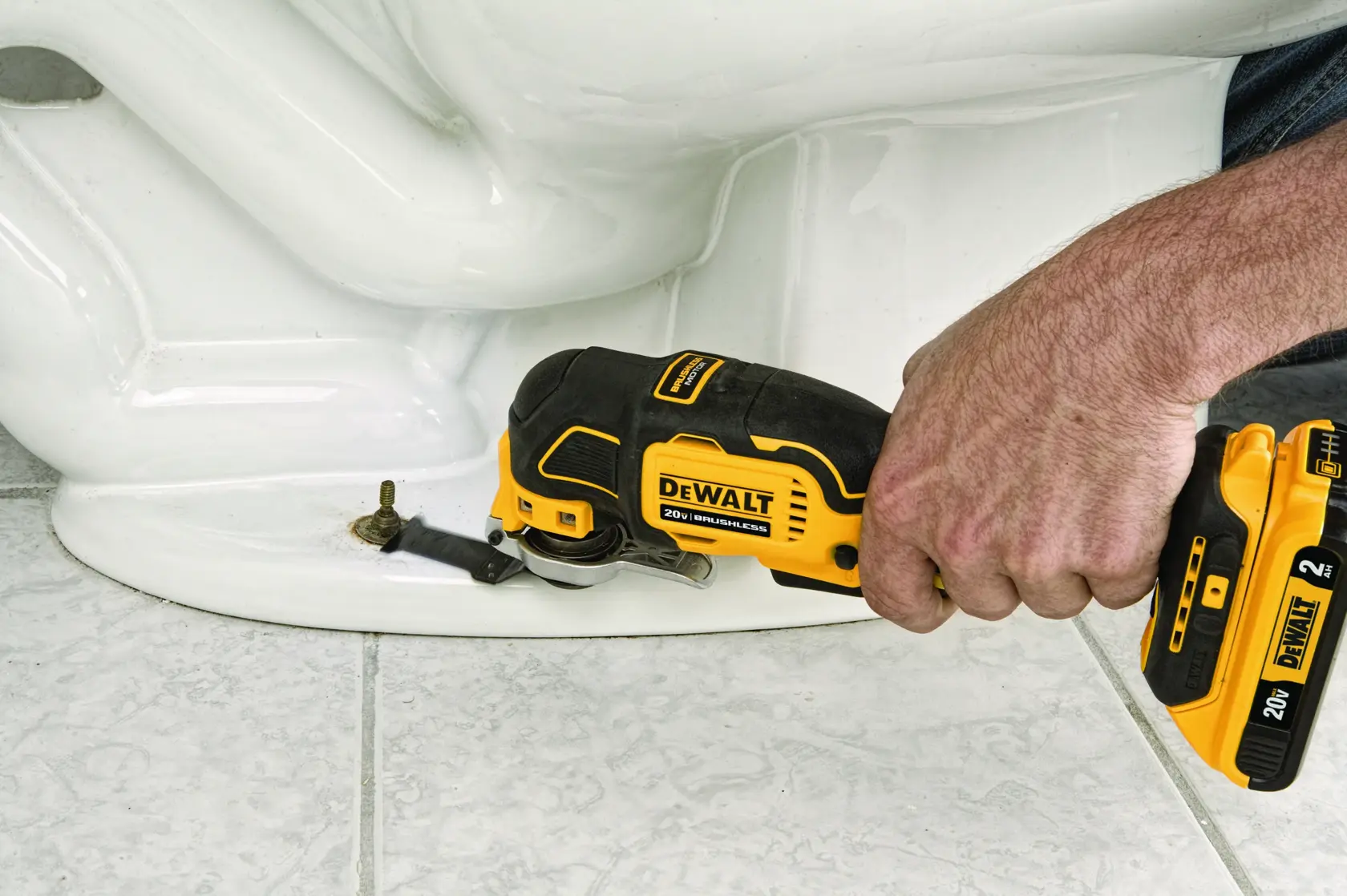 Close-up image of a DEWALT power tool showing its 3-speed selector switch on a yellow and black body. The text mentions 'Battery sold separately' and highlights '3-SPEED SELECTOR'.