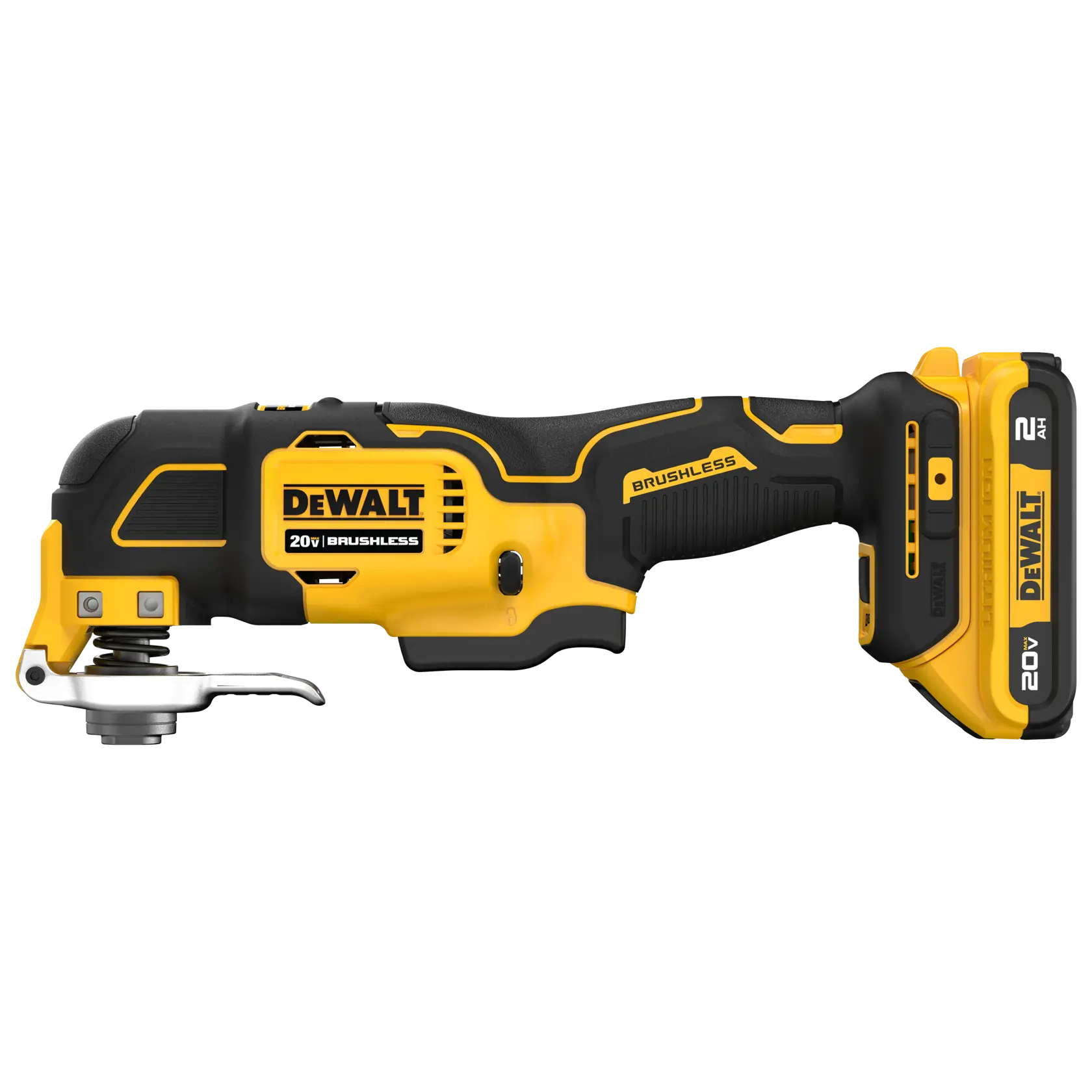 A DEWALT 20V brushless cordless oscillating multi-tool with a battery attached, shown in a side profile view. The tool is primarily yellow and black.
