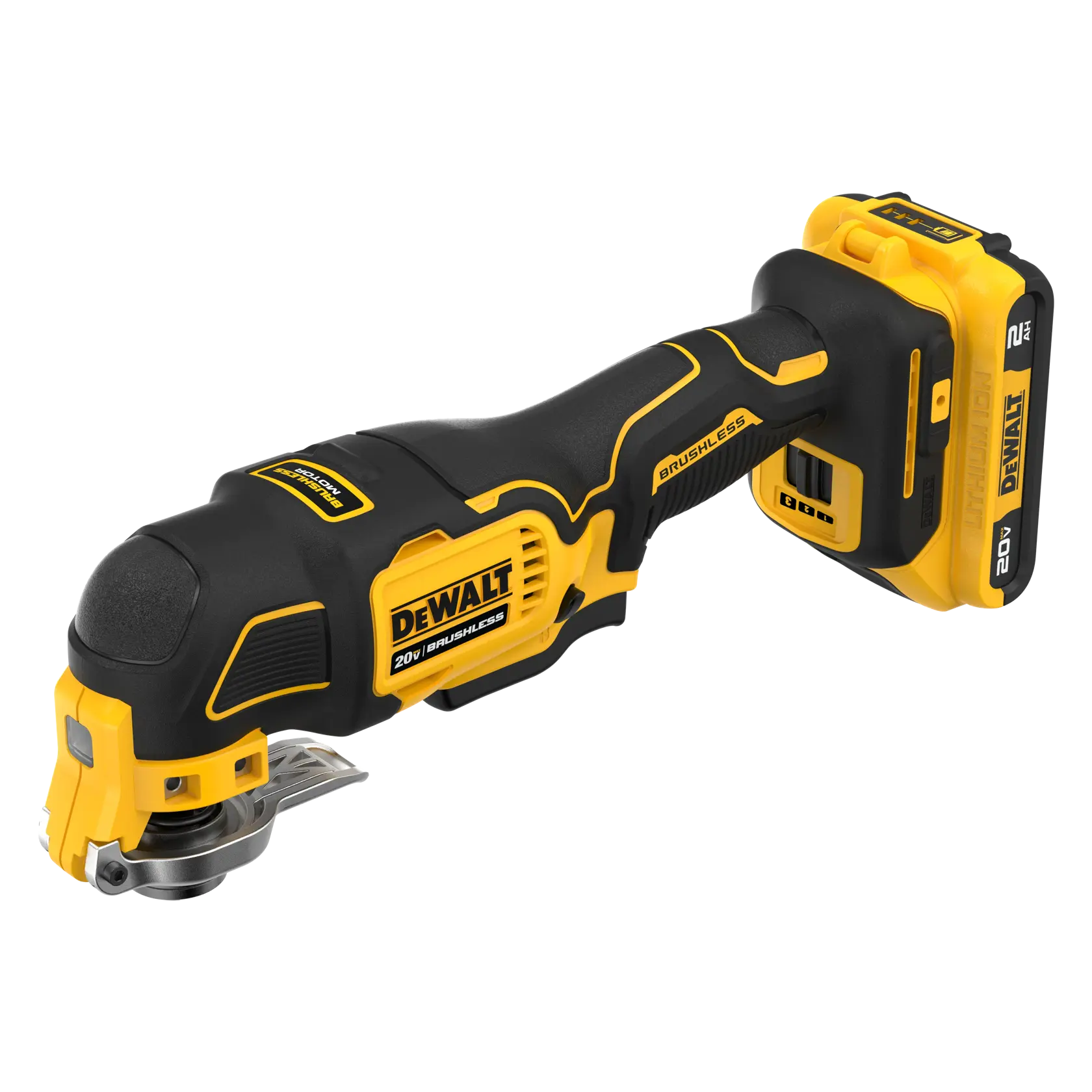 A DEWALT 20V brushless cordless oscillating multi-tool with a yellow and black design, shown with its battery attached.