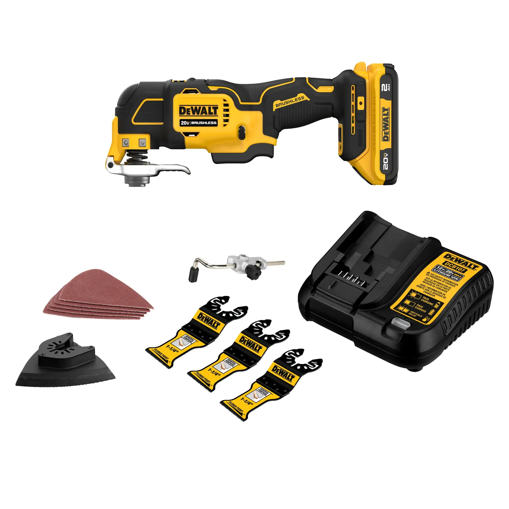 DEWALT 20V brushless cordless oscillating multi-tool kit with battery, charger, sanding pads, cutting blades, and accessories. The products are arranged separately on a white background.