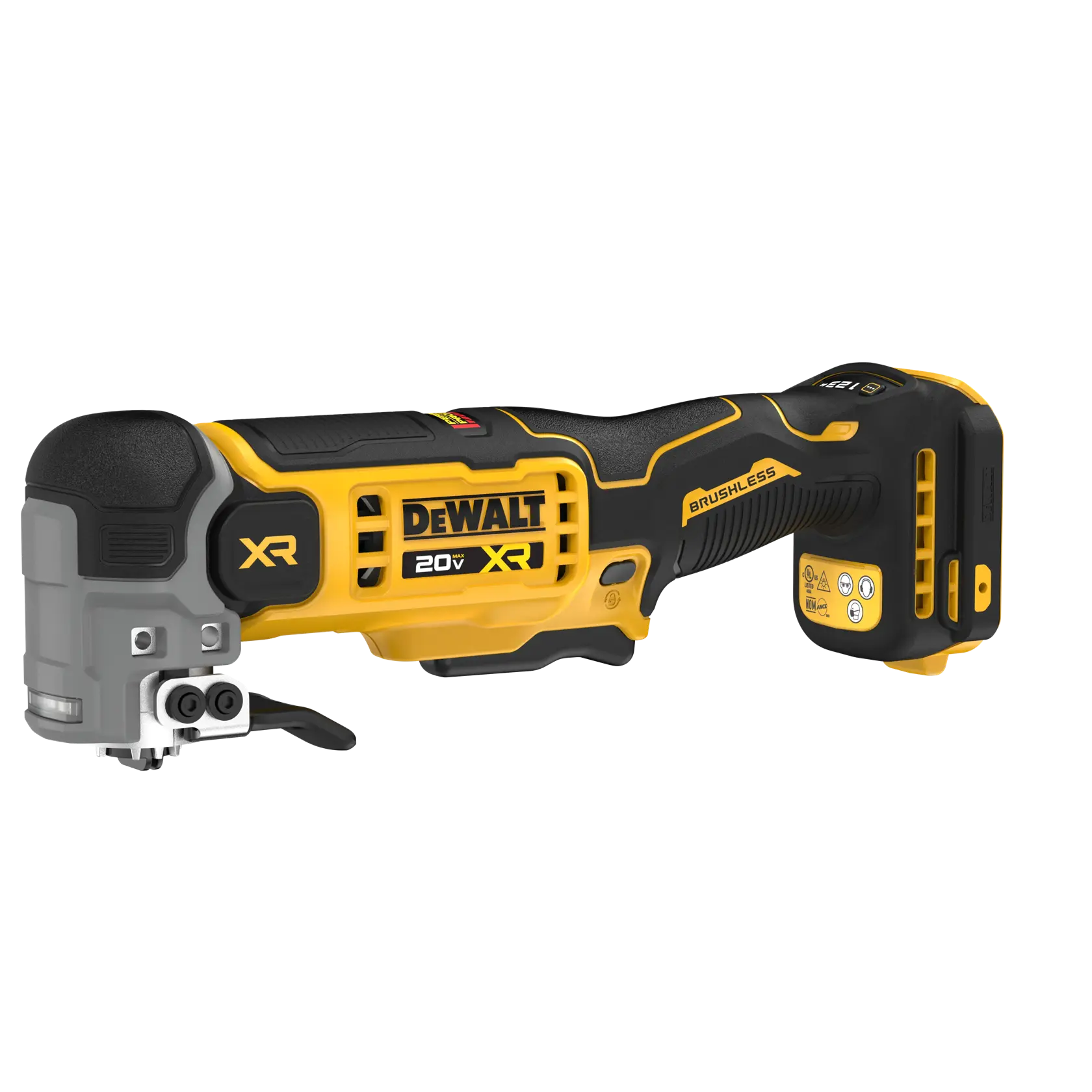Un outil multifonctions oscillant sans fil DEWALT 20V XR brushless, présenté en jaune et noir, avec un design ergonomique et un mécanisme de changement d'accessoire sans outil.