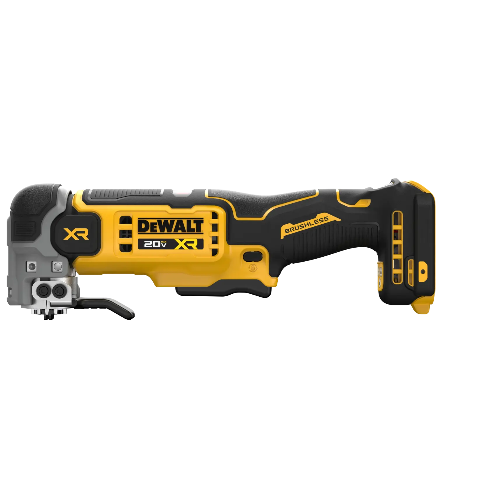 Un outil multifonction oscillant sans fil DEWALT 20V XR avec moteur sans balais, présenté en jaune et noir, utilisé pour couper, poncer et d'autres tâches.