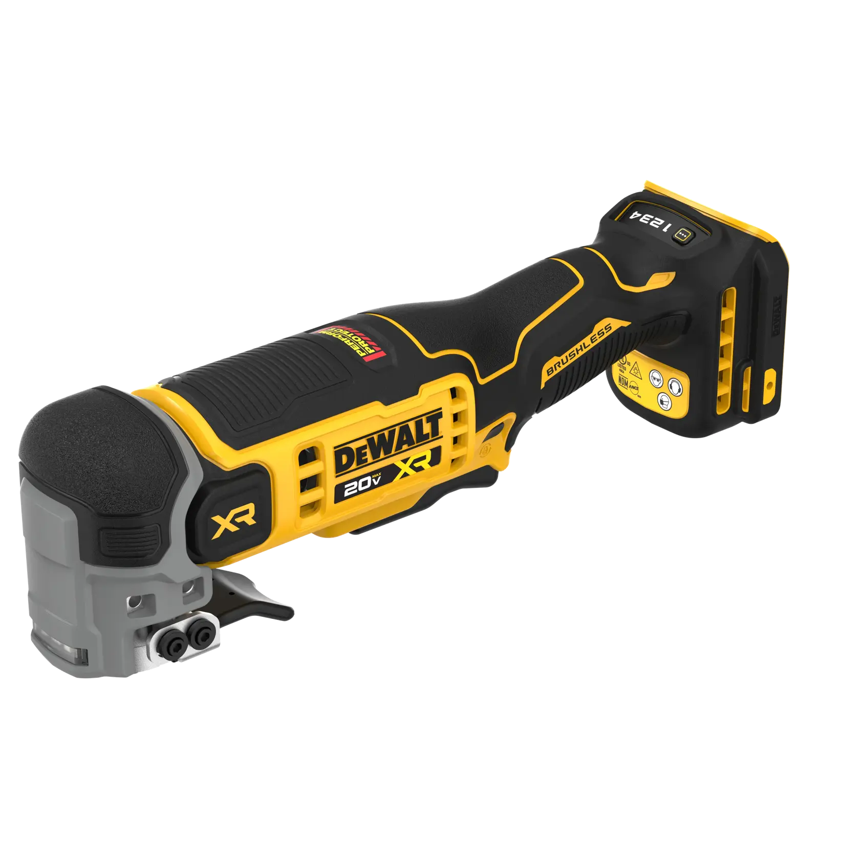 Un outil multifonction oscillant sans fil Dewalt 20V XR, à moteur sans balais, avec un design noir et jaune, présenté de côté sur un fond blanc.