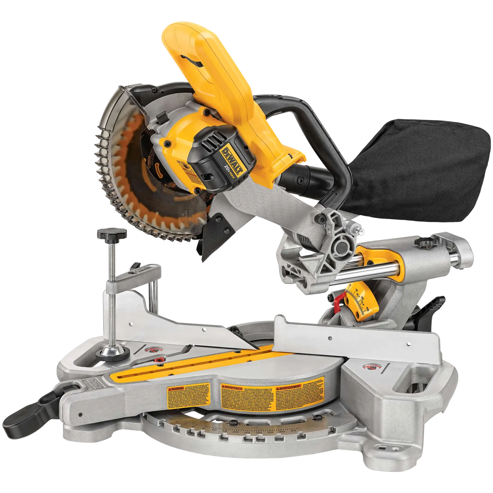 A DEWALT DCS361B cordless miter saw, featuring a yellow and black body, a circular blade, metal base with angle guides, and a dust collection bag attached at the back.