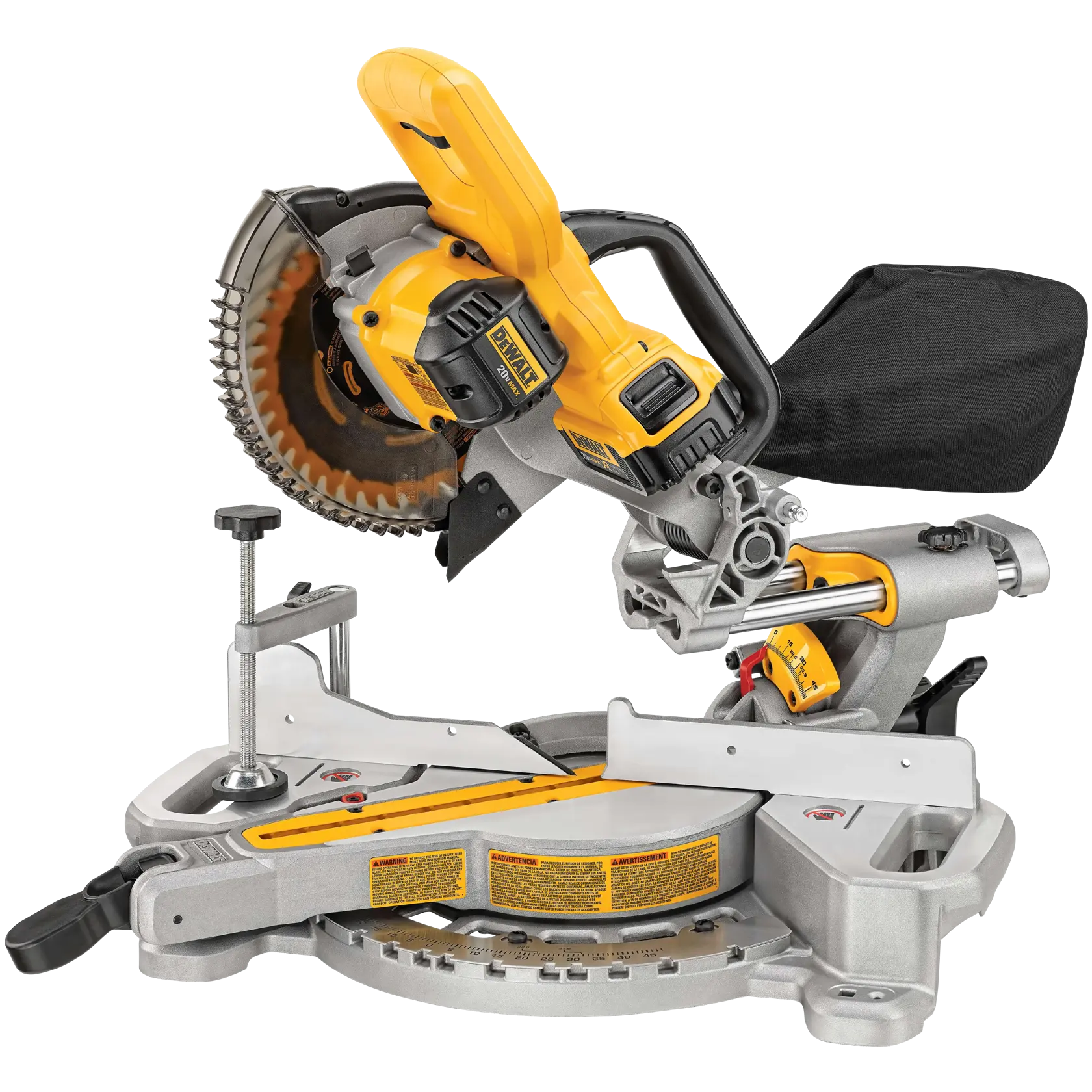 A DEWALT DCS361M1 cordless miter saw with a yellow and black design, featuring a circular blade, ergonomic handle, adjustable base, and dust collection bag. The saw is positioned on a silver-colored miter base with measurement markings and adjustment knobs.