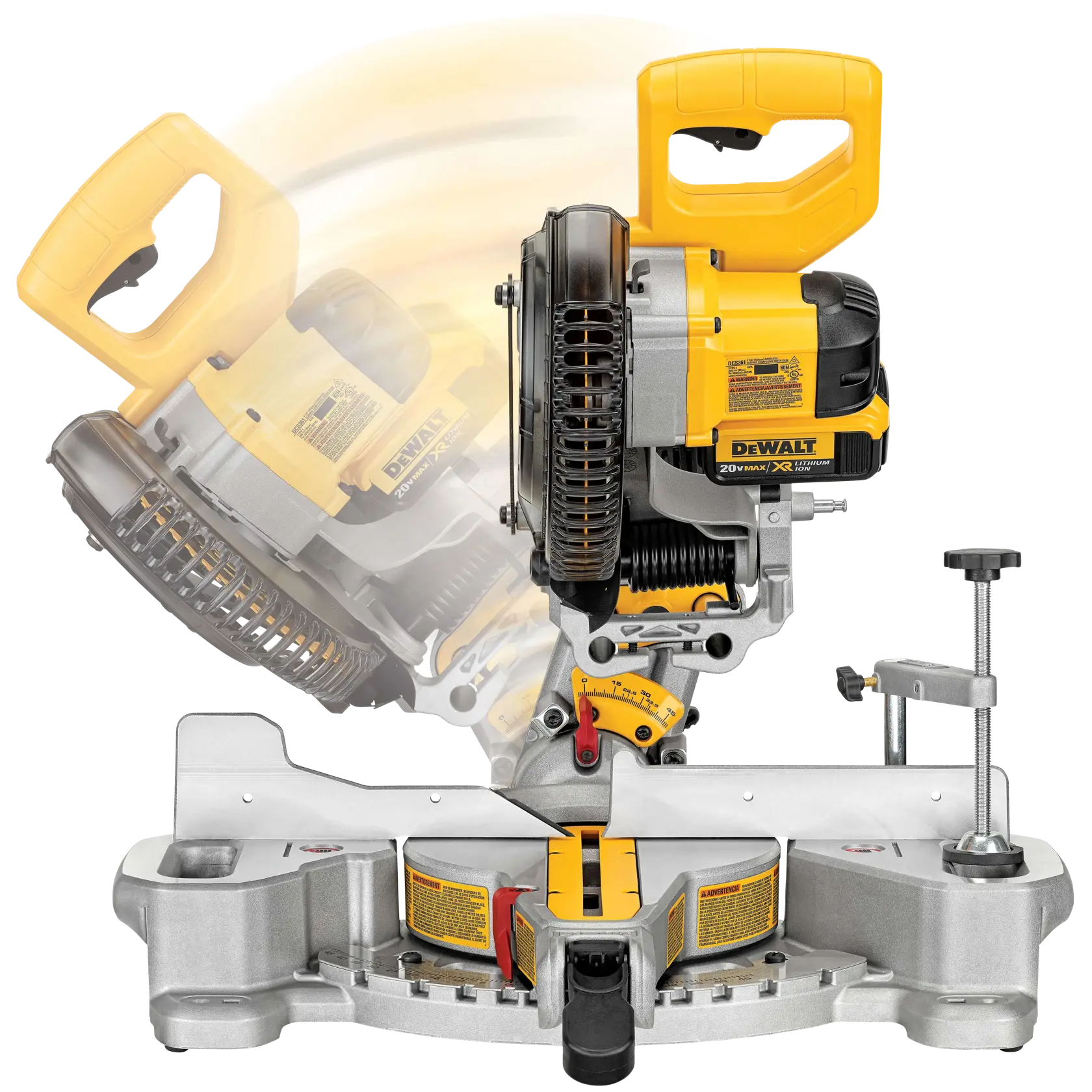 A DEWALT 20V MAX XR cordless miter saw, model DCS361M1, shown with adjustable cutting angles, placed against a white background. The saw is depicted in motion to illustrate its tilting mechanism.