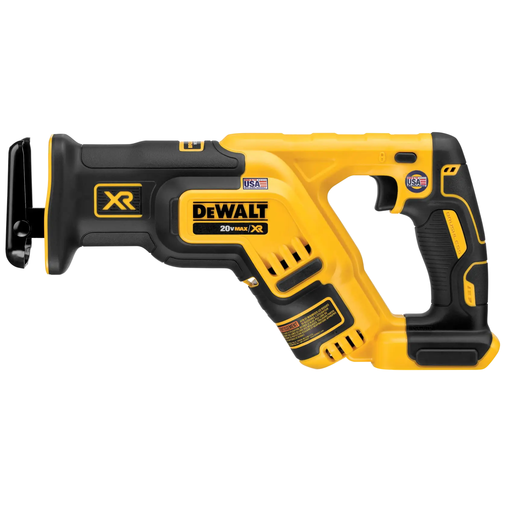 A yellow and black DEWALT 20V Max XR cordless reciprocating saw, shown from the side with branding and labels visible.