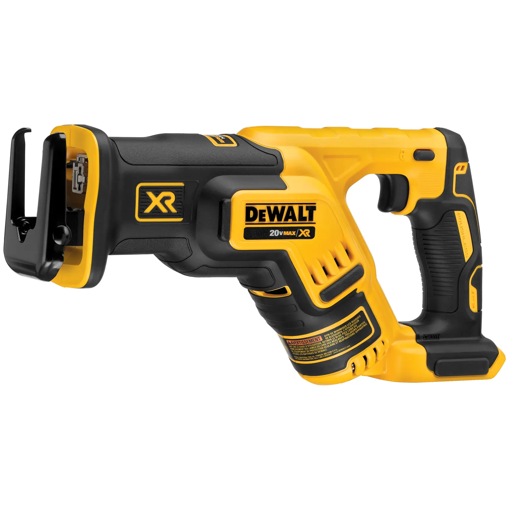 A DEWALT 20V MAX XR cordless reciprocating saw with a black and yellow design, featuring a comfortable grip and blade clamp on the left side.