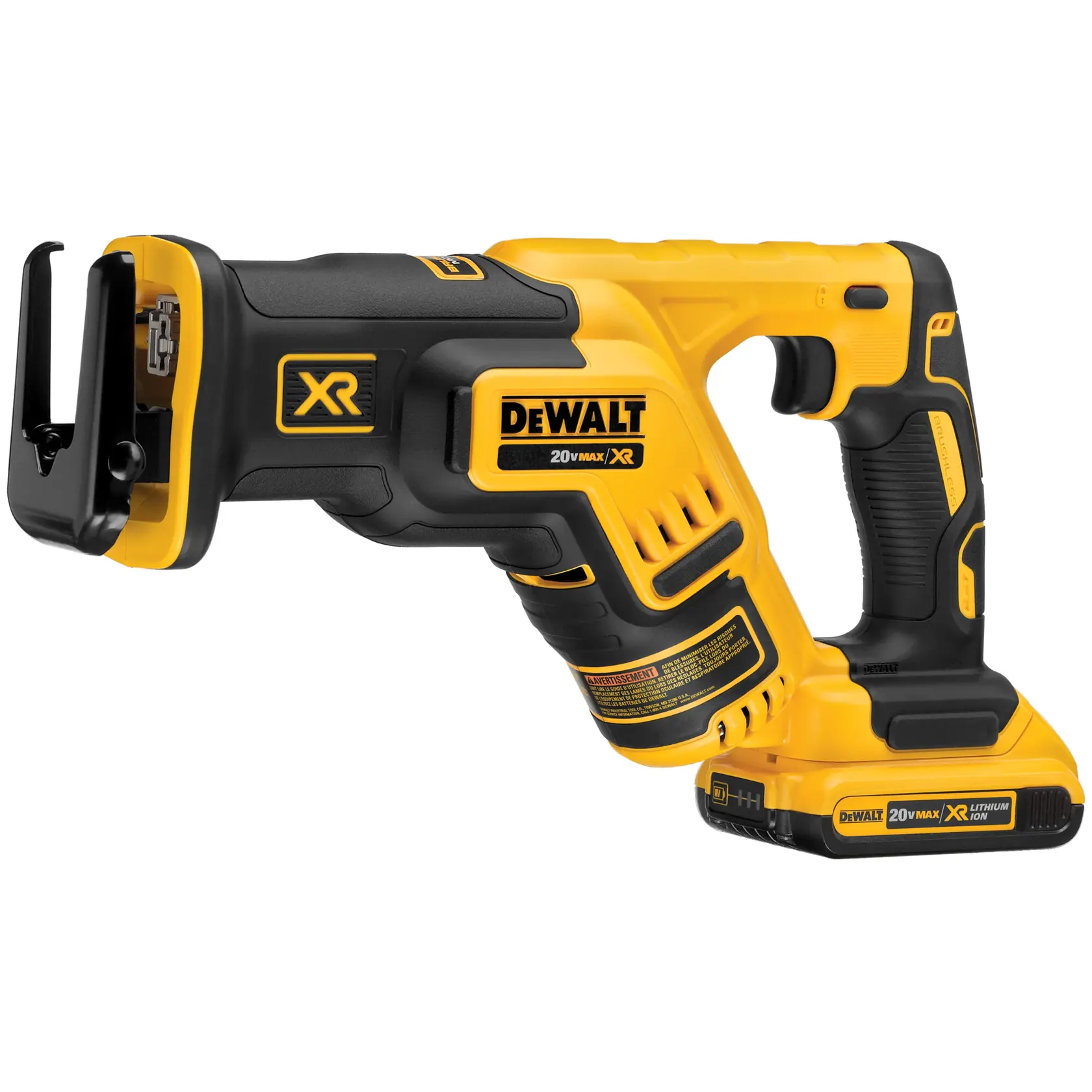 A DEWALT 20V Max XR cordless reciprocating saw, black and yellow in color, shown with lithium-ion battery attached and ergonomic handle design.