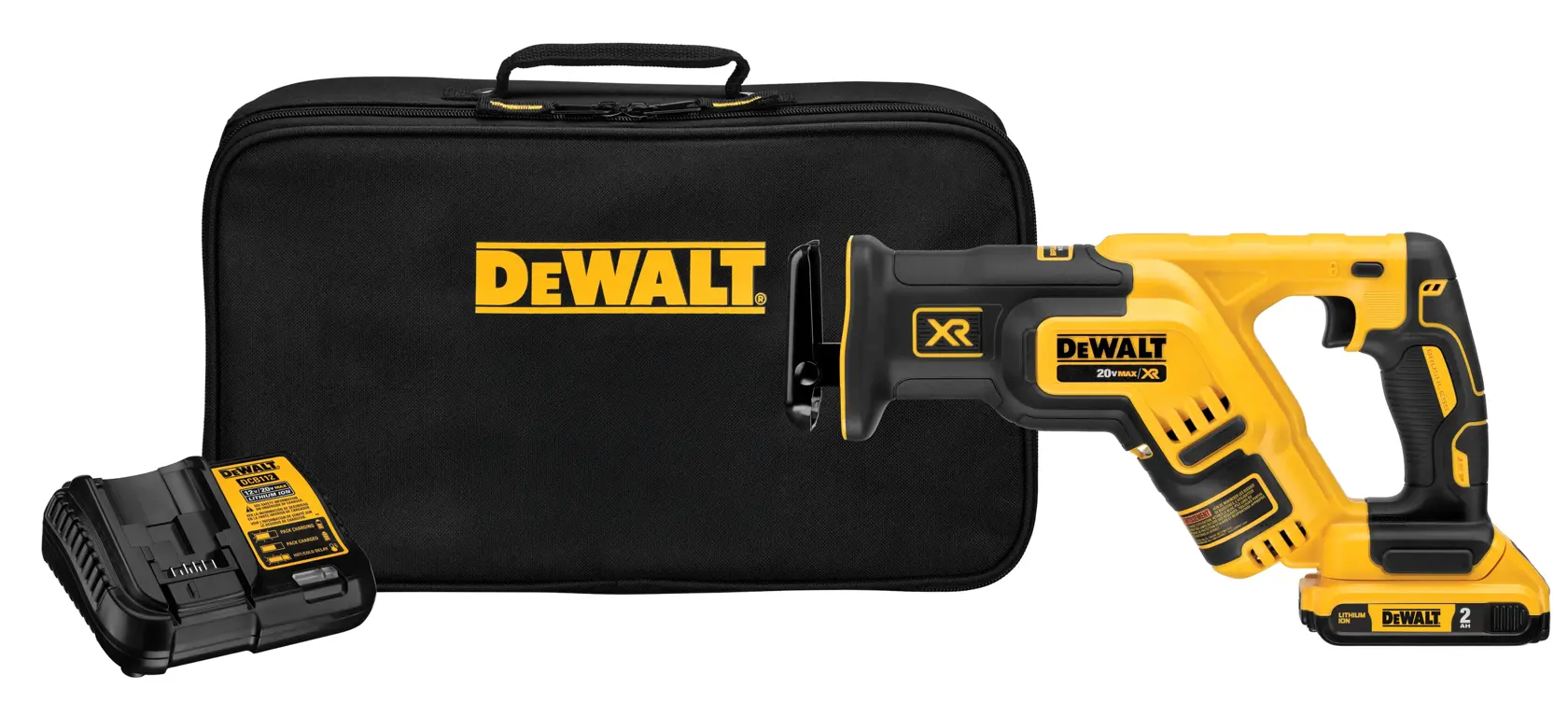 A DEWALT DCS367D1 cordless reciprocating saw kit, including the yellow and black saw, a battery charger, and a black carrying case with the DEWALT logo.