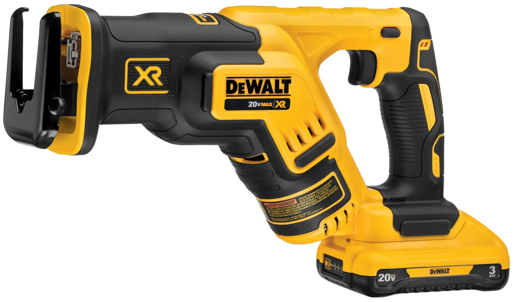 A DEWALT 20V MAX XR cordless reciprocating saw with a yellow and black design, shown with a battery attached.
