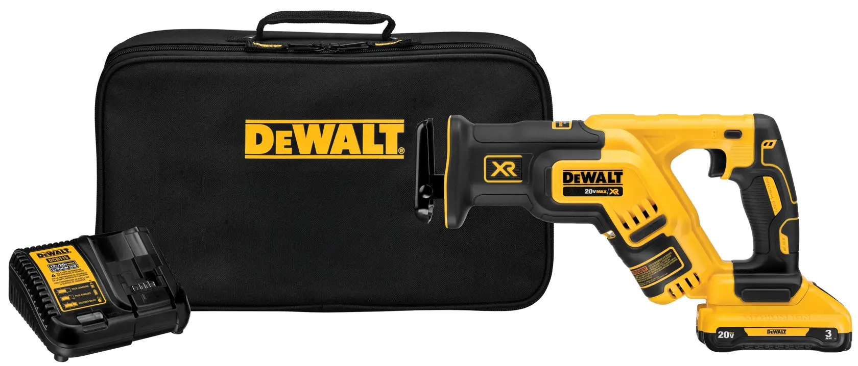 A DEWALT cordless reciprocating saw kit, including a yellow and black reciprocating saw, a battery charger, and a black DEWALT-branded carrying bag.