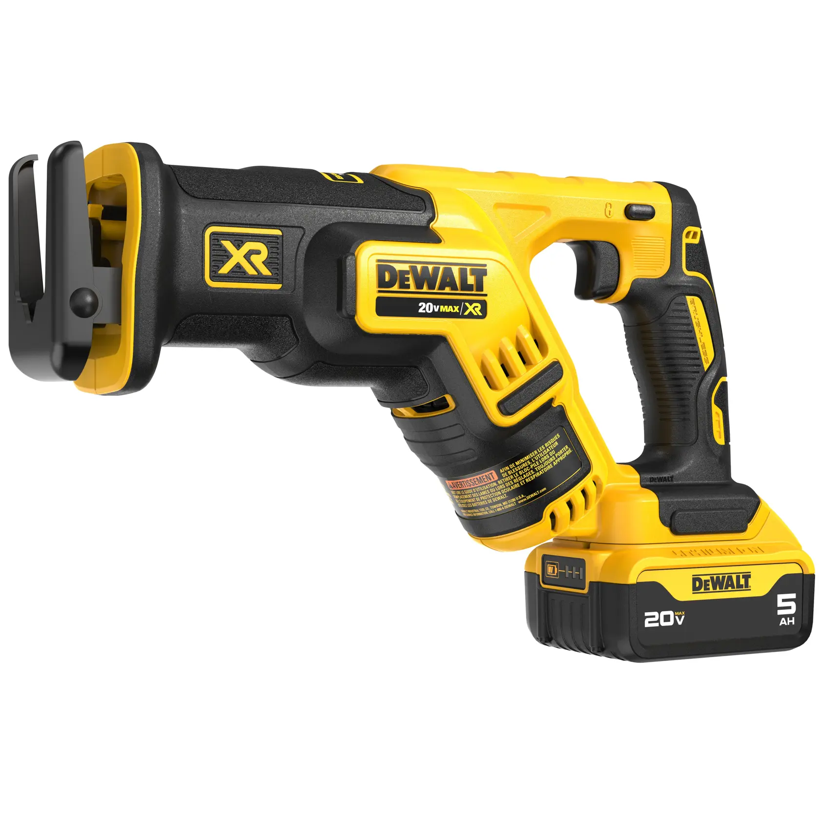 A DEWALT 20V Max XR cordless reciprocating saw, featuring a yellow and black design, visible battery pack, and ergonomic handle.