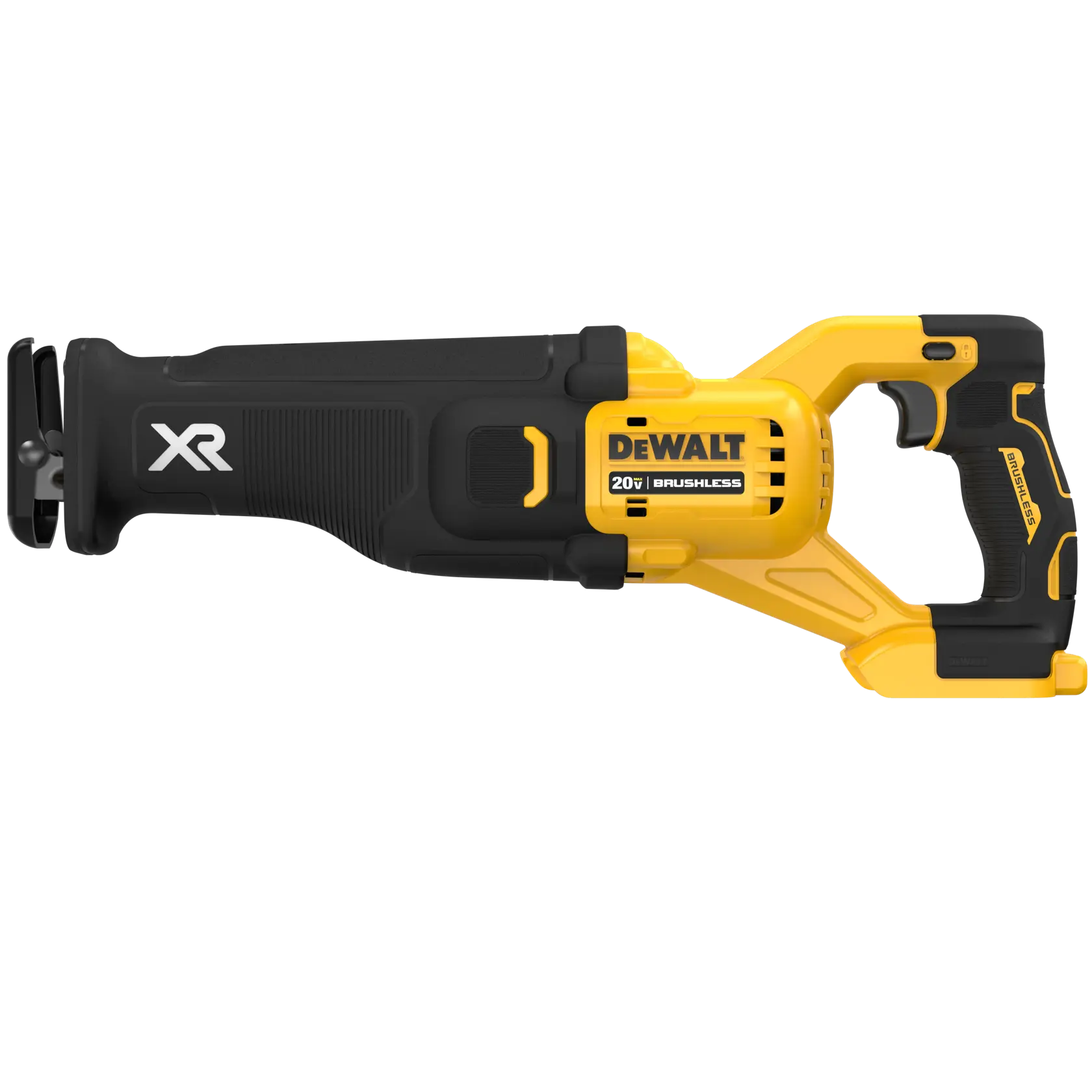A DEWALT XR 20V brushless reciprocating saw, shown from the side. The power tool is mostly black with yellow accents and has a comfortable ergonomic handle.