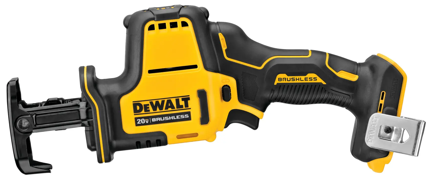 A DEWALT 20V brushless cordless reciprocating saw with a yellow and black casing, shown without battery.