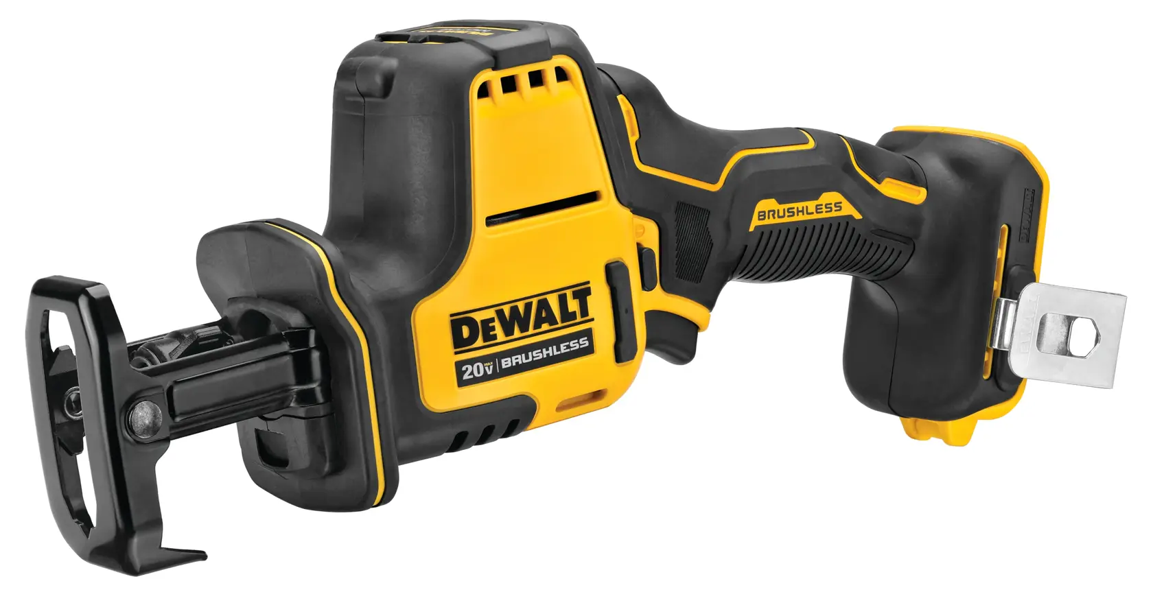 A DEWALT 20V brushless cordless reciprocating saw, primarily black and yellow, photographed isolated on a white background.