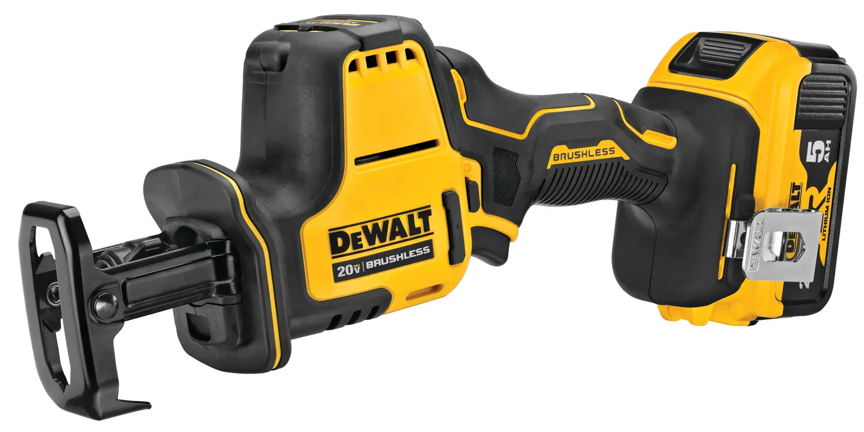A DEWALT 20V brushless cordless reciprocating saw with a yellow and black design. The tool features a compact body, ergonomic handle, and visible battery pack.