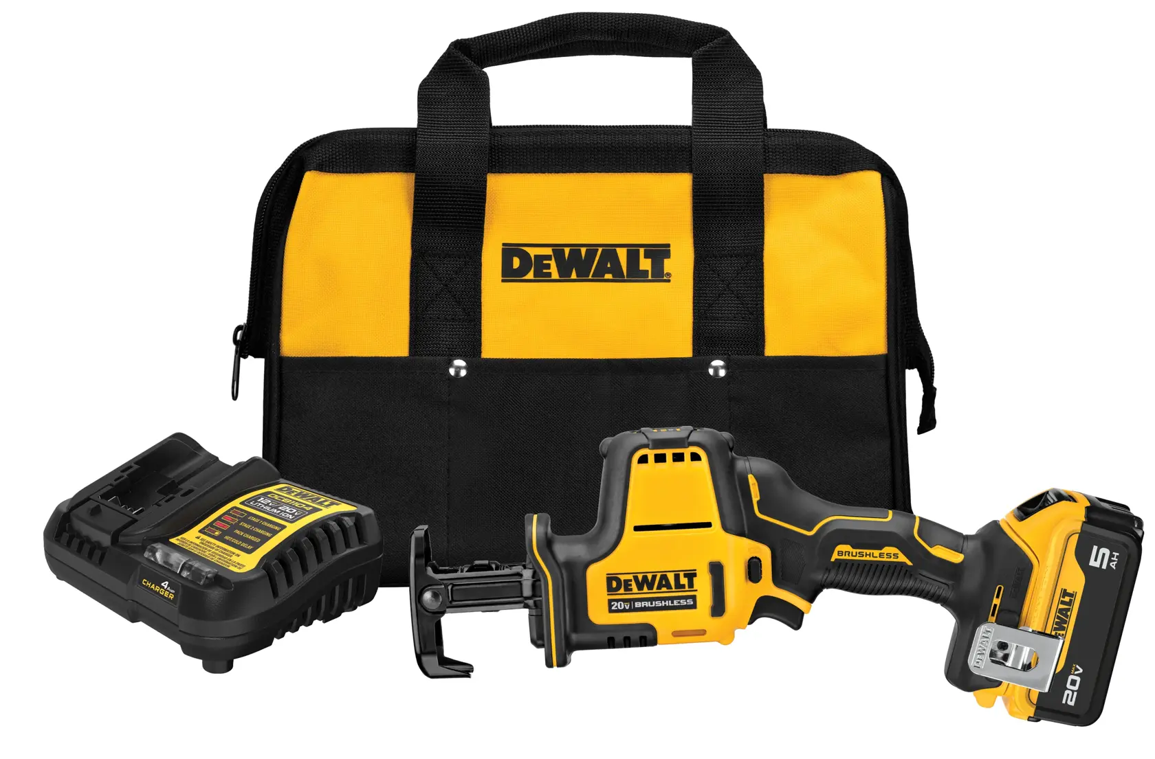 A set of DEWALT tools, including a yellow and black reciprocating saw with battery, a charger, and a yellow and black carrying bag.
