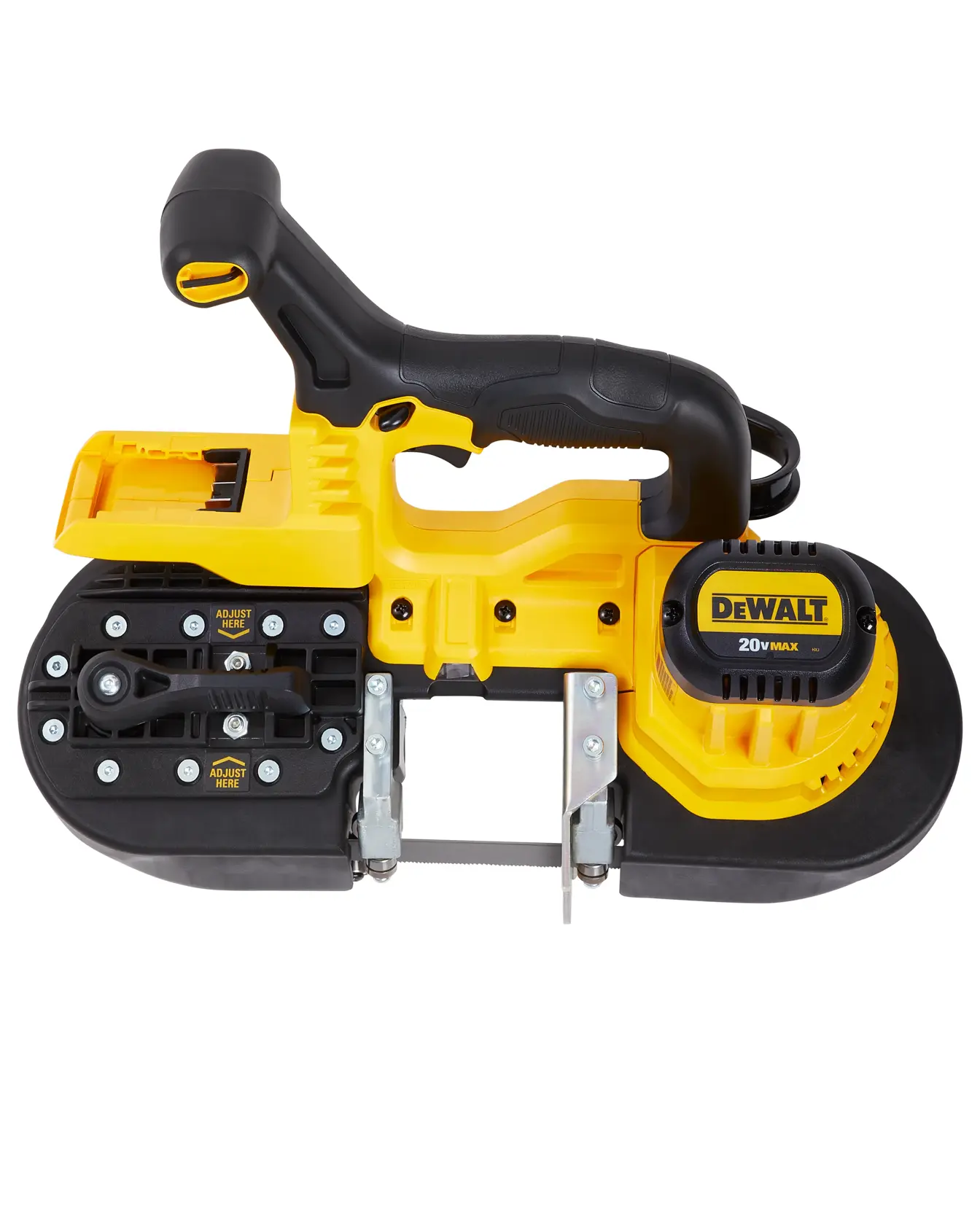 A DEWALT 20V Max portable cordless band saw, featuring a yellow and black design with a handle and exposed blade, used for cutting metal and other materials.