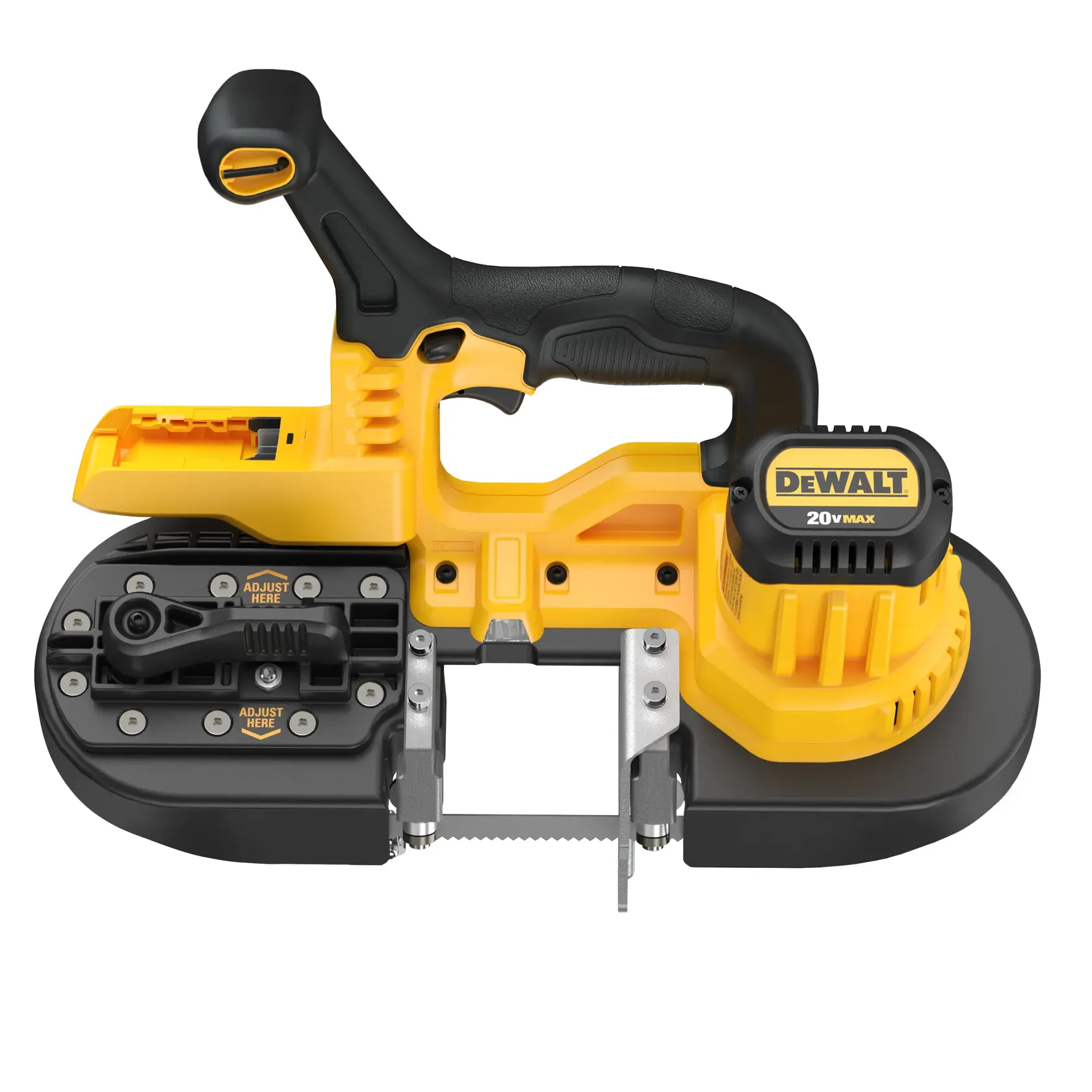 A DEWALT 20V MAX cordless portable band saw, model DCS371B, shown in yellow and black with ergonomic handle and blade guard.