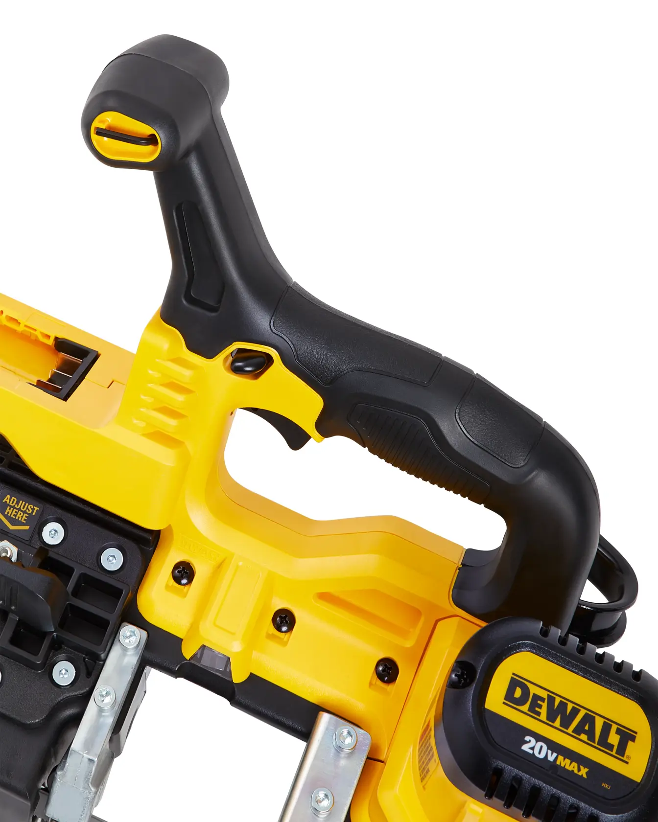 Close-up view of the handle and body of a DEWALT 20V MAX power tool, showing yellow and black construction and details including screws and adjustment markings.