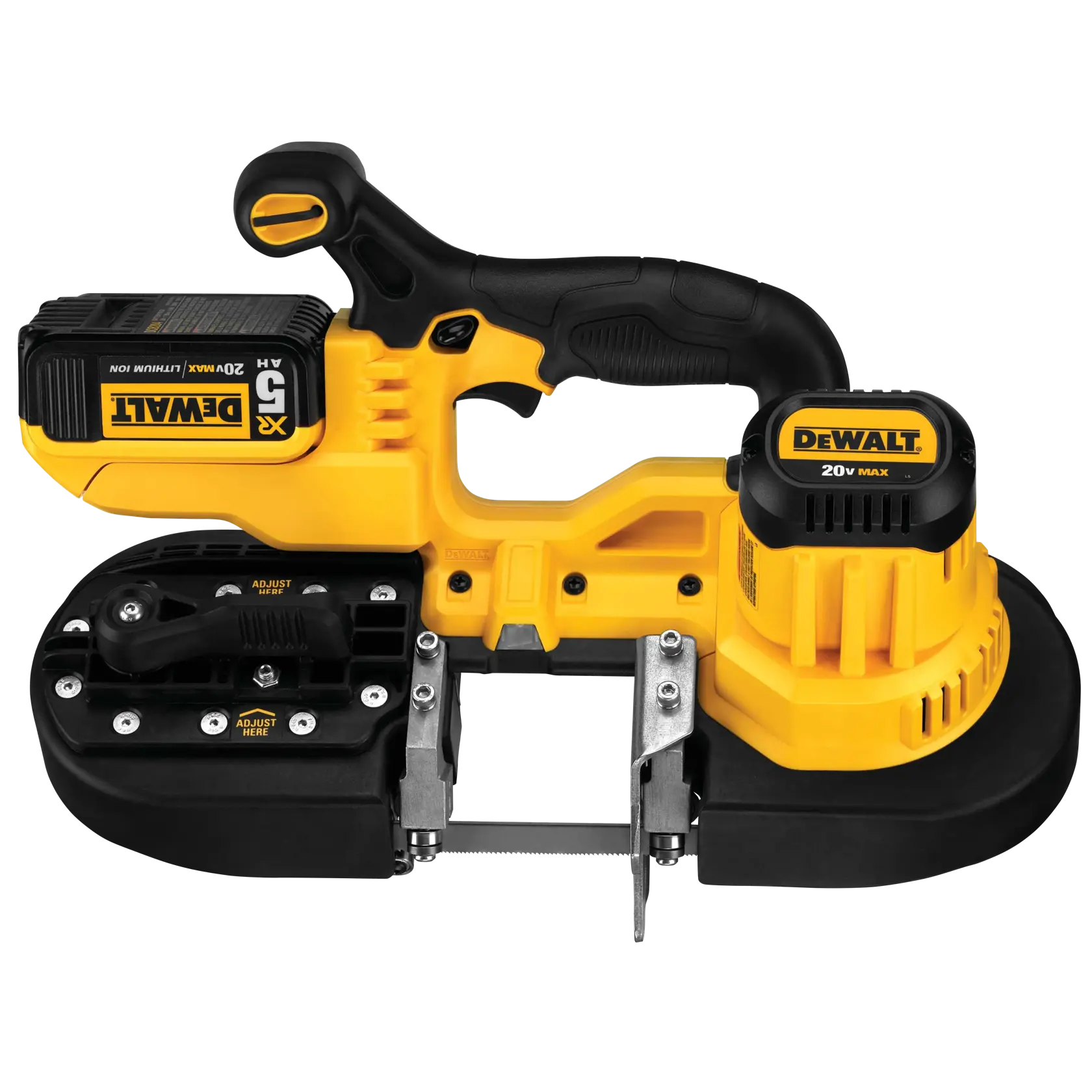 A DEWALT 20V MAX cordless band saw with a yellow and black design, featuring an ergonomic handle and battery pack. The tool is used for cutting materials and has adjustment screws visible on the frame.