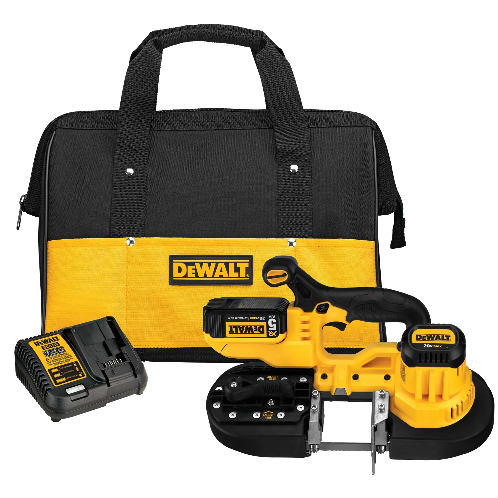 A DEWALT 20V MAX cordless band saw kit, including a yellow and black band saw, battery charger, battery, and a carrying case with DEWALT branding.