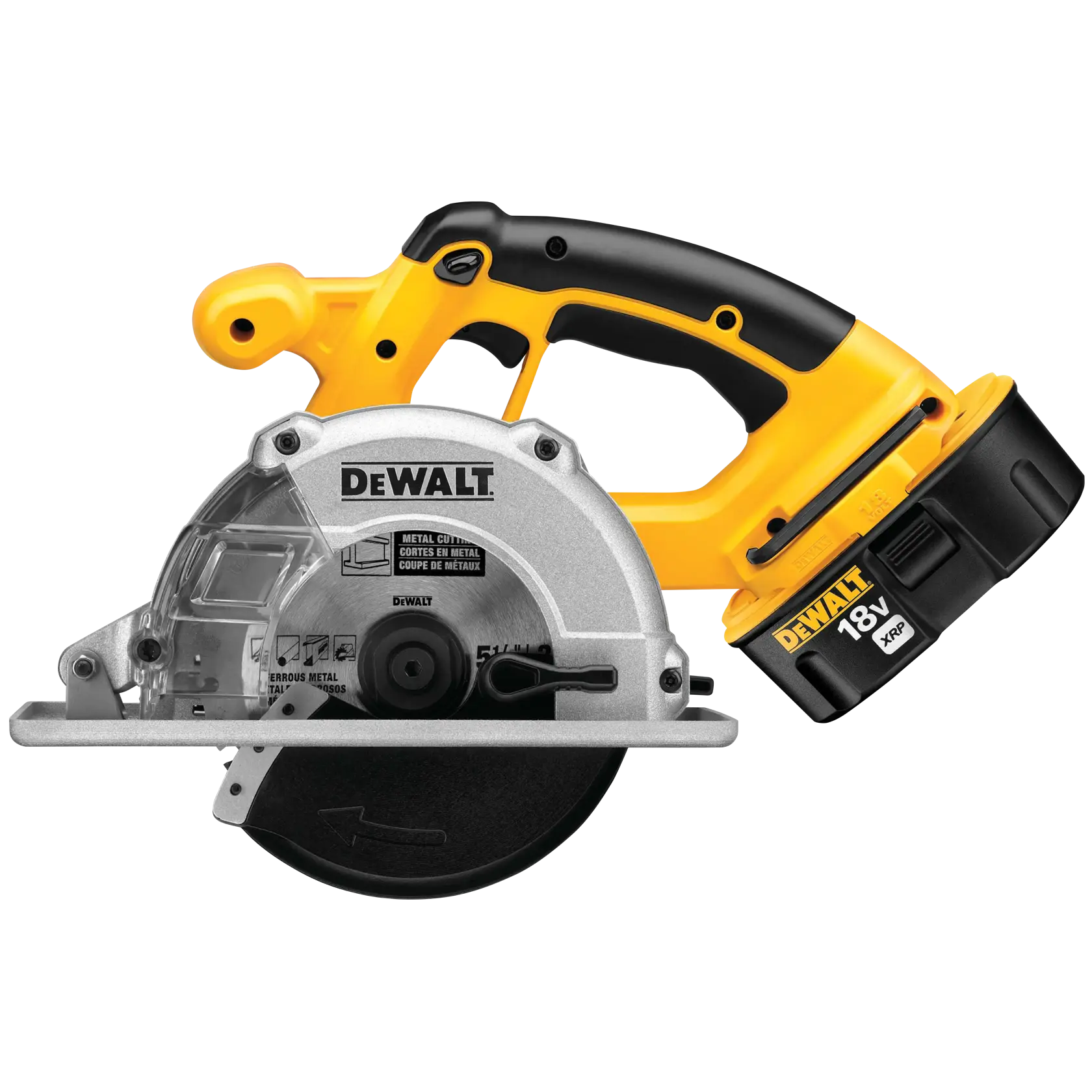 A DEWALT 18V cordless metal cutting circular saw with a yellow and black handle and a visible blade guard.