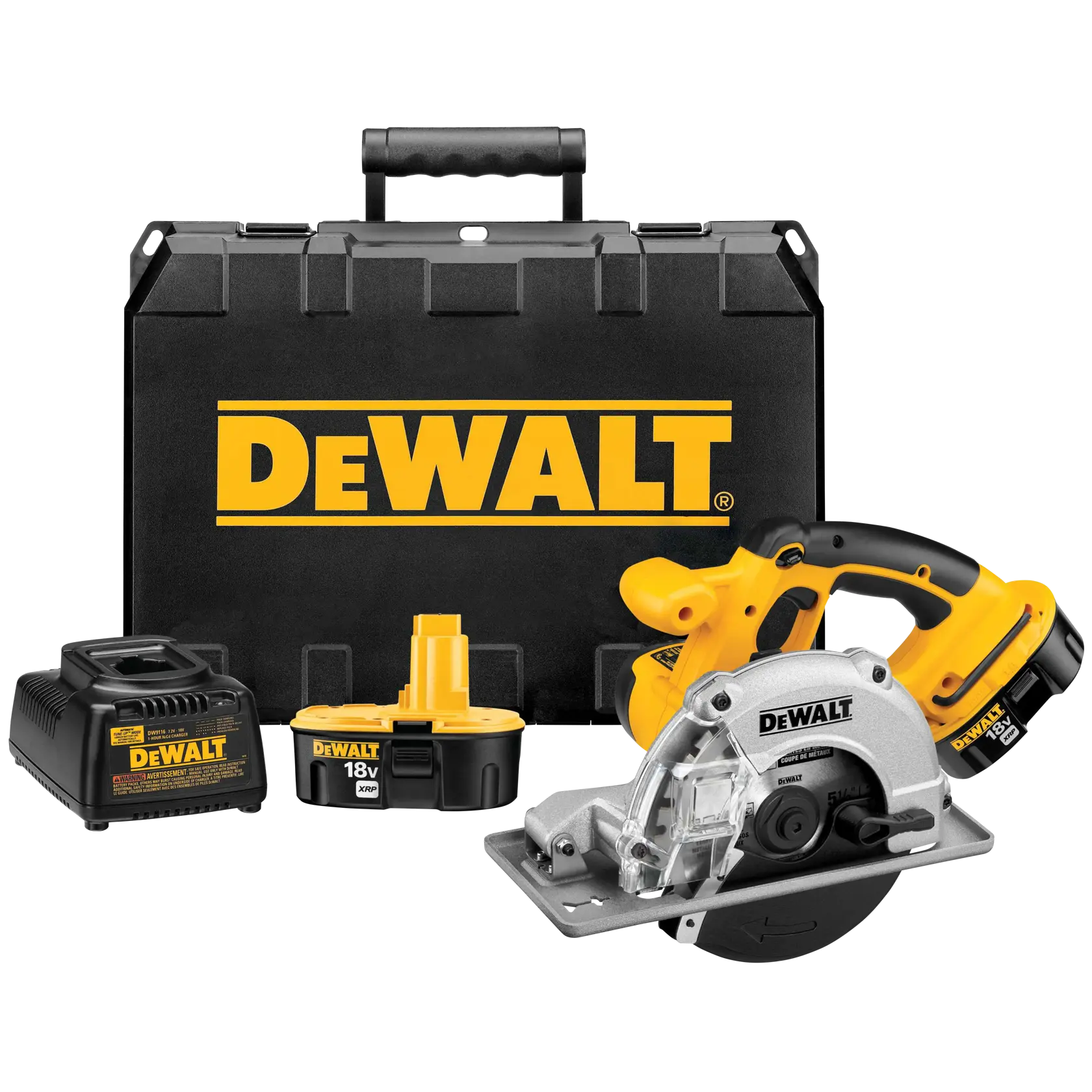 DEWALT cordless circular saw kit including a yellow and black circular saw, 18V battery pack, charger, and a large black carrying case with the DEWALT logo.