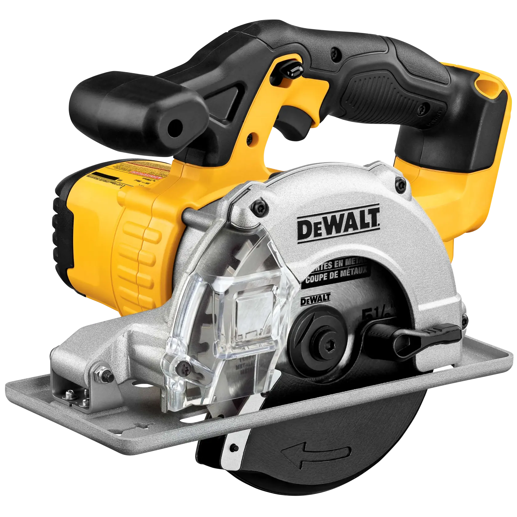 A DEWALT cordless metal cutting circular saw with a black and yellow handle, a silver blade cover, and a visible blade guard.