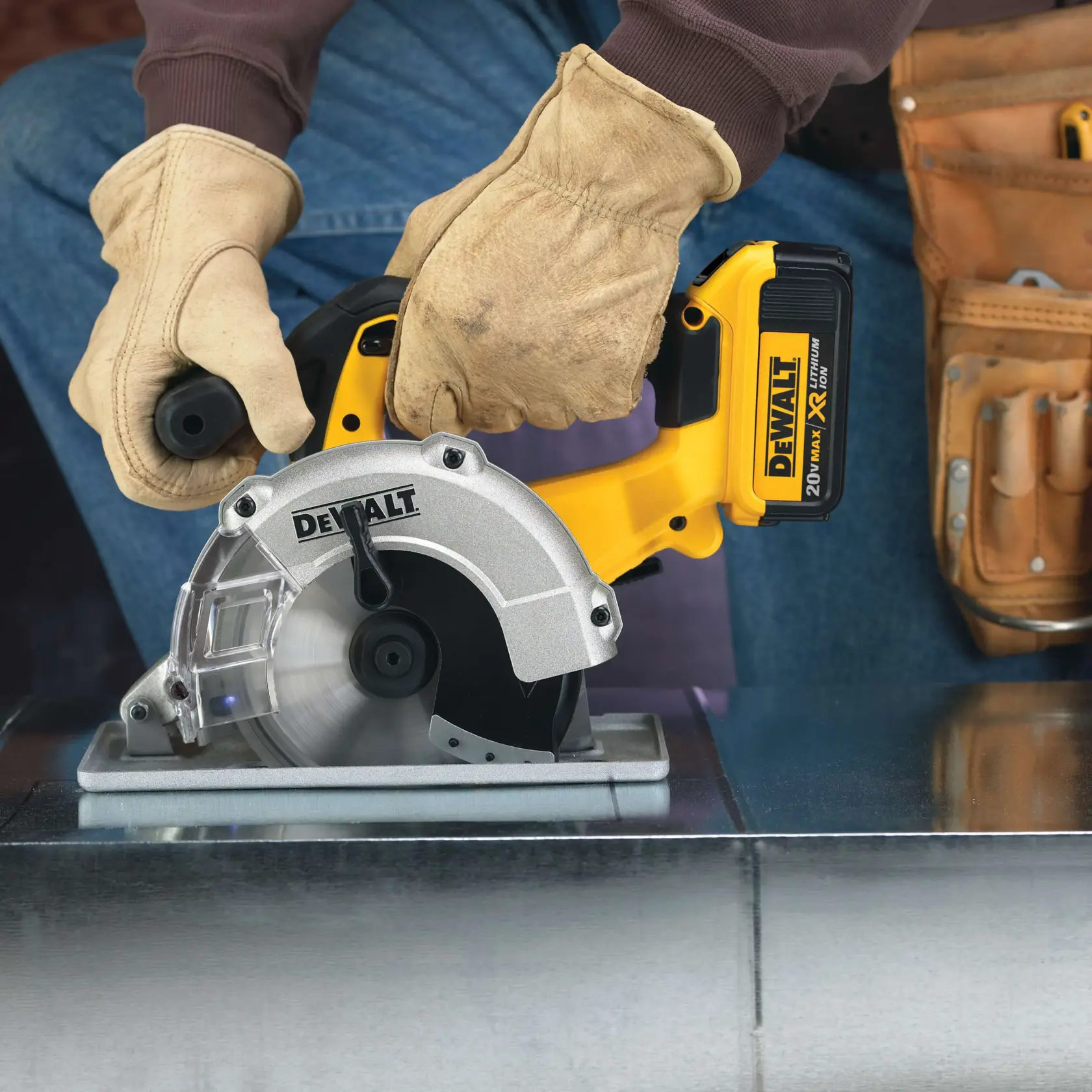 A DEWALT DCS373B power tool, a cordless circular saw with a black and yellow design, featuring rubber overmolded grips, a built-in LED work light, and a 3,700 RPM motor. Labeled features are indicated with lines and text.