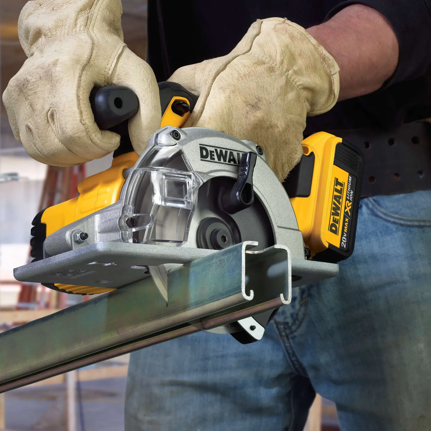 A DEWALT cordless circular saw with a robust design, featuring a powerful motor capable of 3,700 RPM. The tool is shown on a white background, with a text below highlighting its powerful cutting performance.