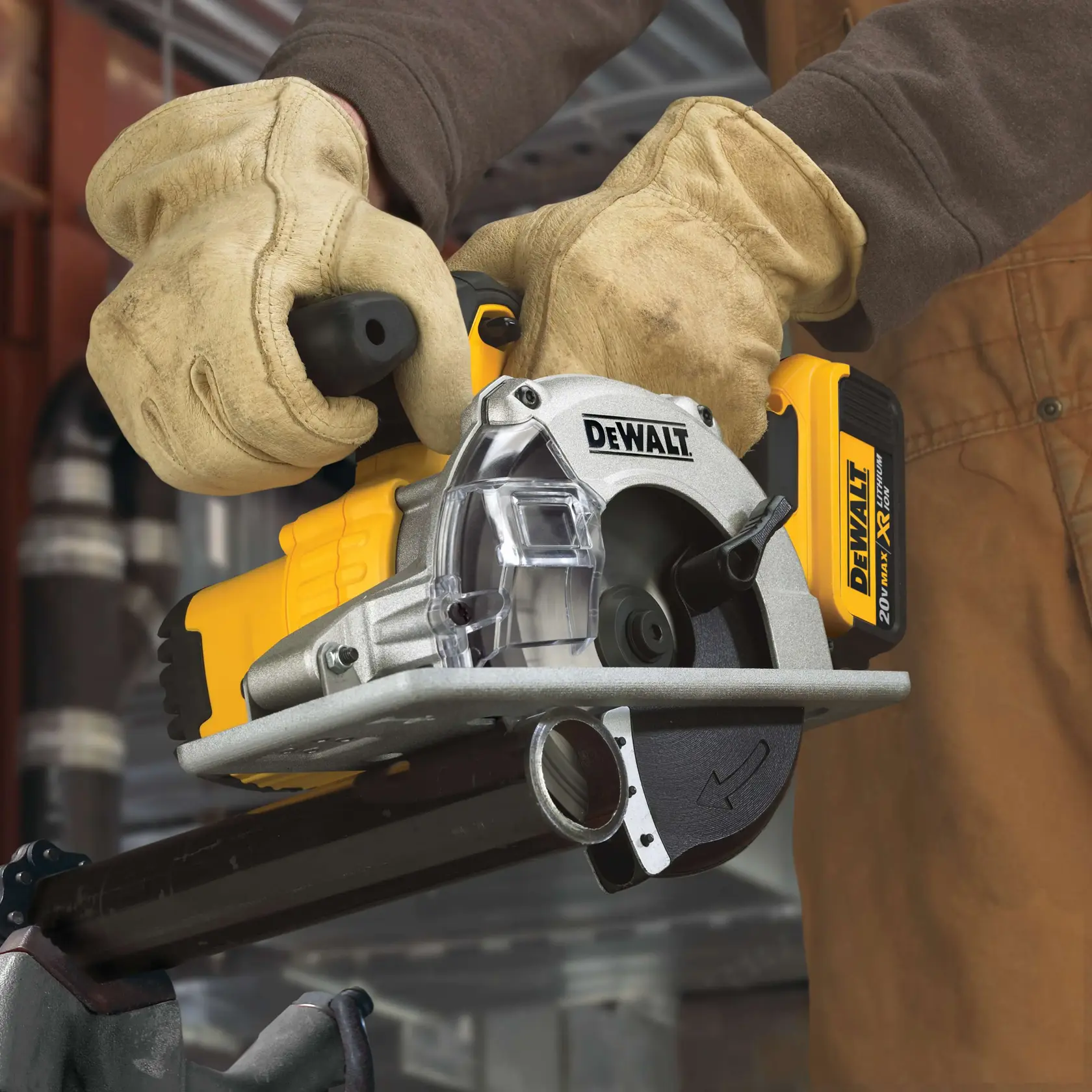 A DEWALT cordless circular saw, model DCS373B, designed for cutting metallic materials. The image shows the yellow and black power tool with a blade guard and ergonomic handle. Below the saw, there is text that reads 'IDEAL FOR METALLIC MATERIALS' in bold yellow and white letters against a black background.