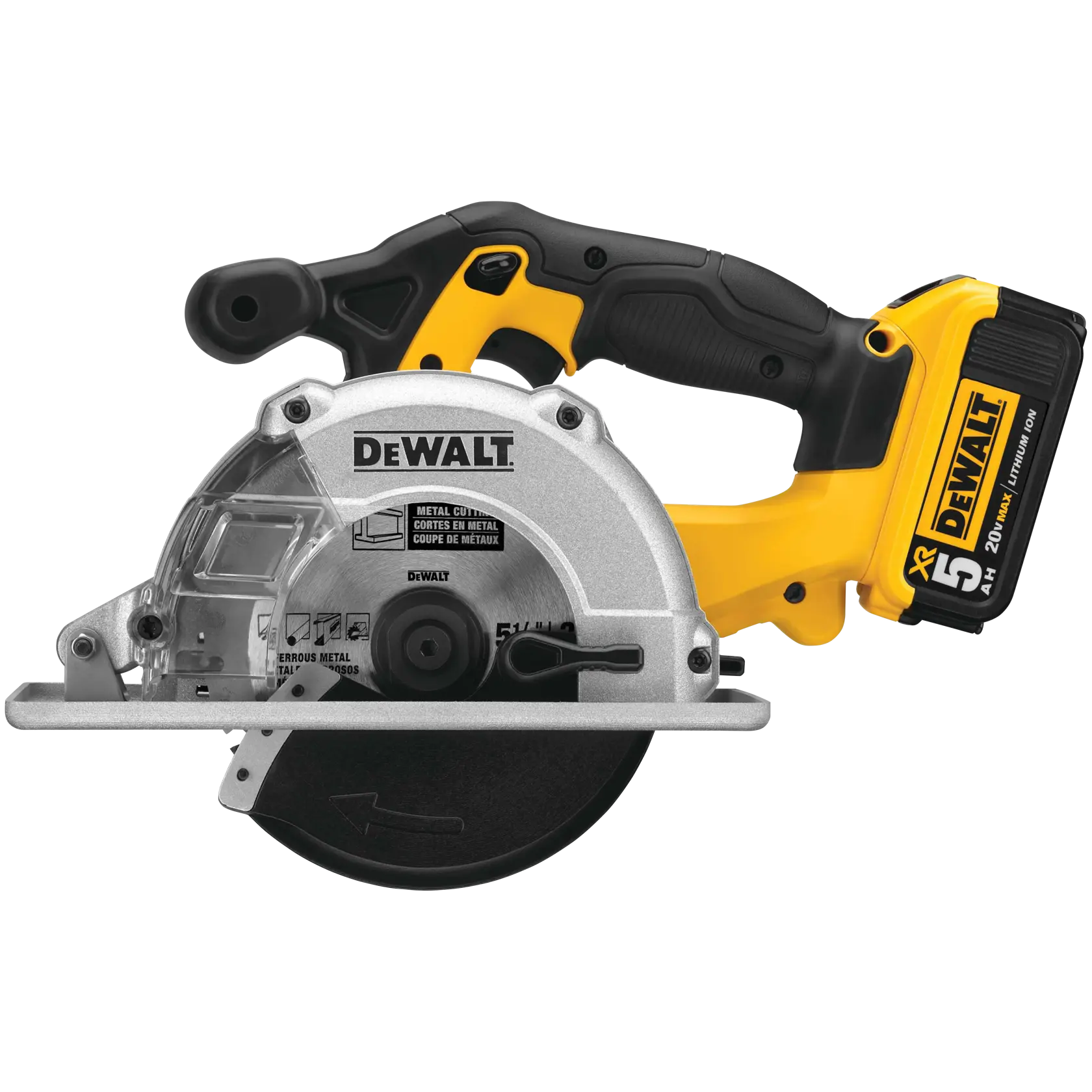 A DEWALT cordless metal cutting circular saw with a 20V lithium-ion battery, featuring a black and yellow handle and safety guard.
