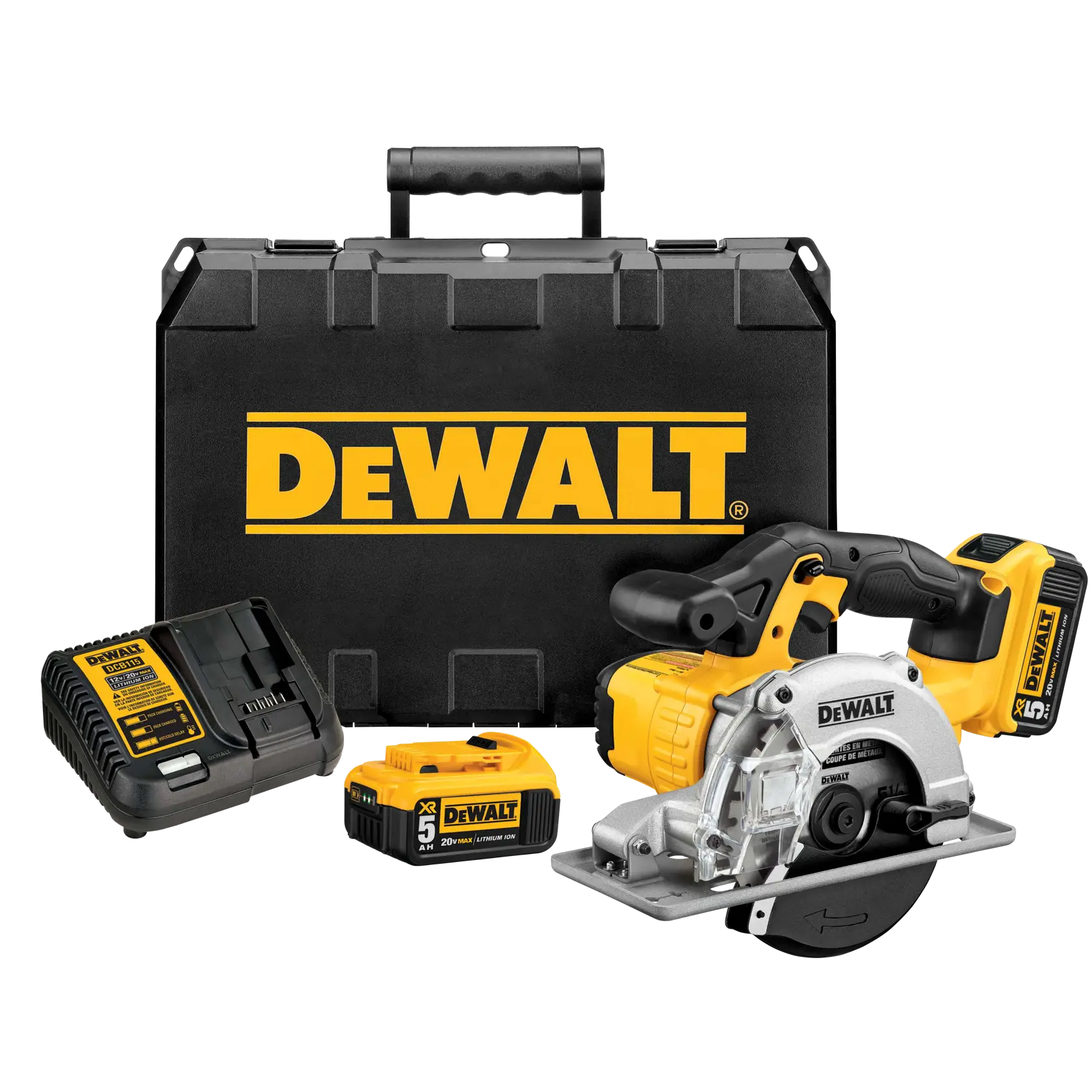 A DEWALT cordless metal cutting circular saw kit, including a yellow and black cordless circular saw, two batteries, a battery charger, and a hard carrying case with the DEWALT logo.