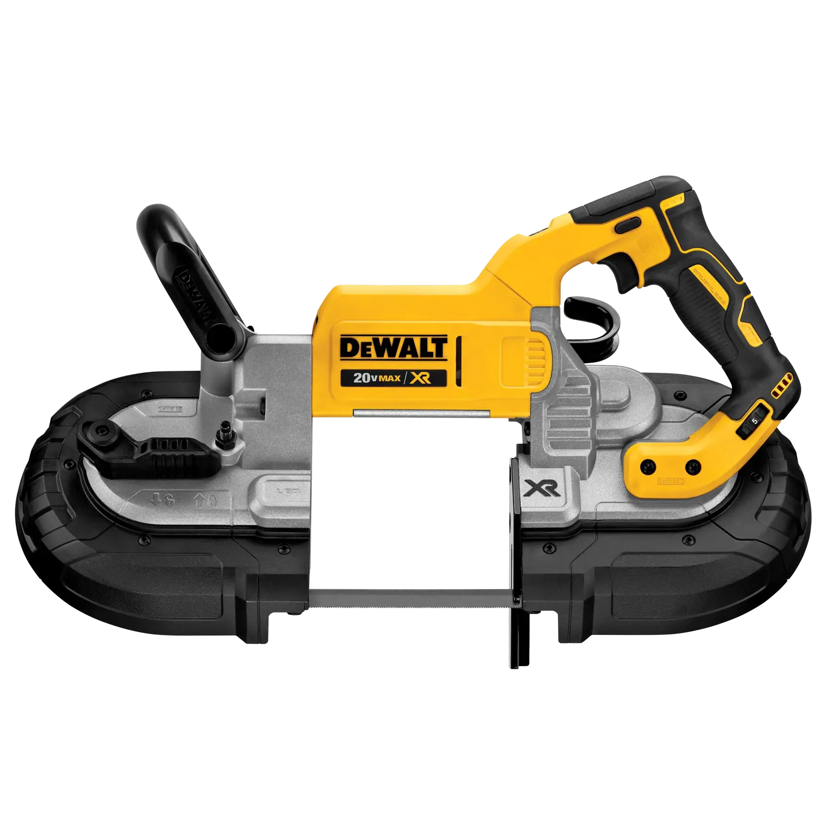 A DEWALT 20V MAX XR cordless portable band saw with a yellow and black design, featuring a handle and trigger, metal cutting blade, and protective guards.