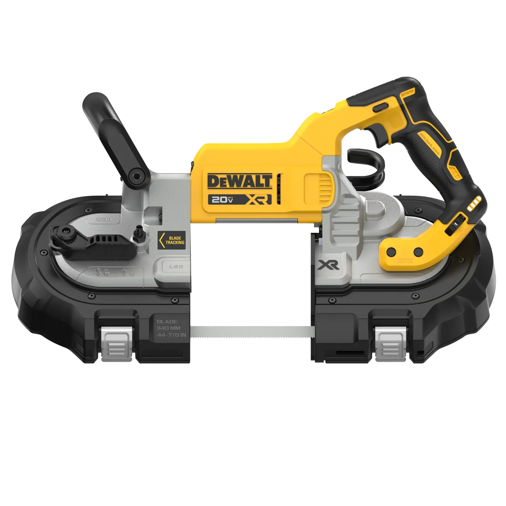 A DEWALT 20V XR cordless portable band saw, featuring a yellow and black design with ergonomic handle and blade tracking adjustment, suitable for cutting metal pipes and materials.