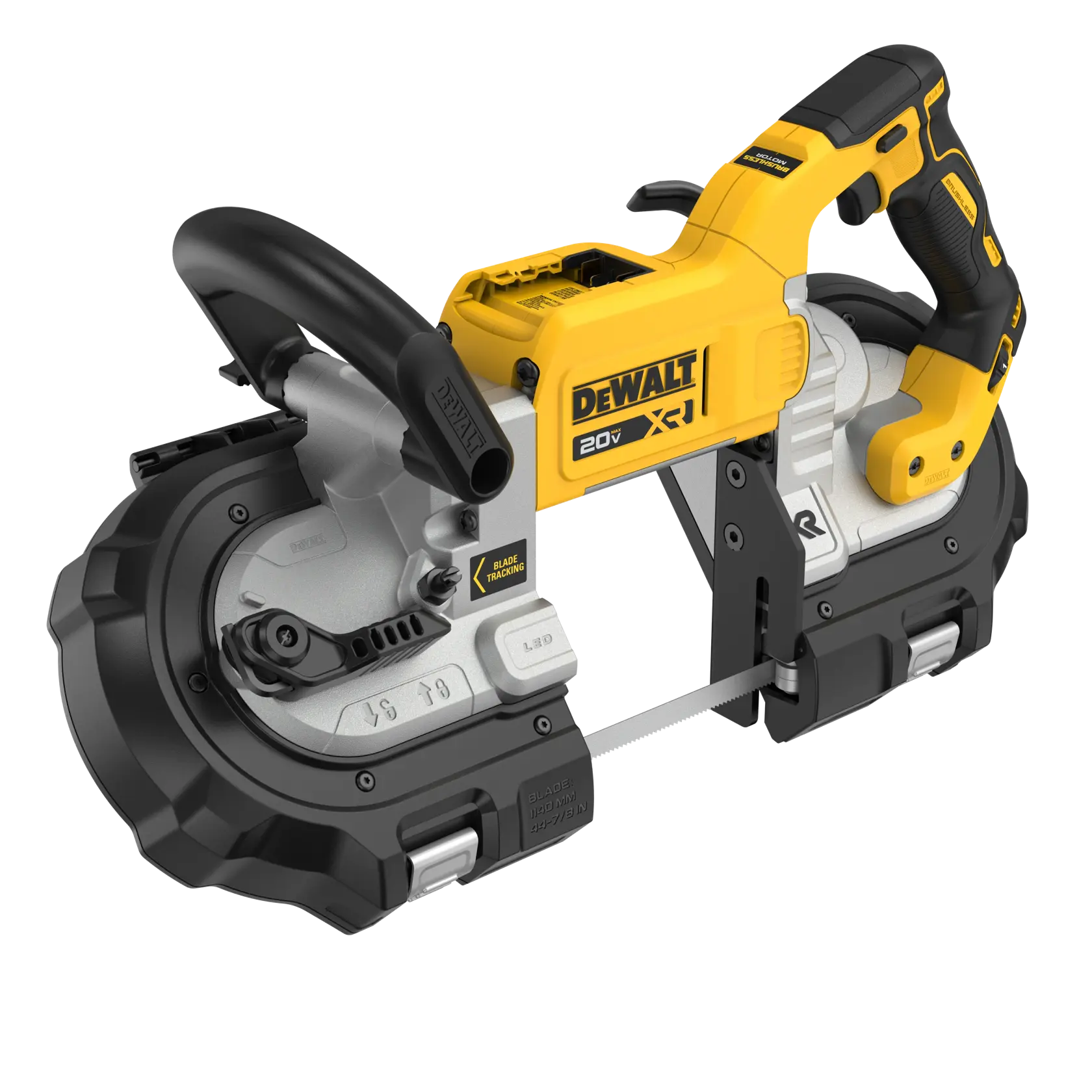 A DEWALT DCS374B 20V cordless portable band saw with a yellow and black design, featuring two handles and a metal cutting blade.