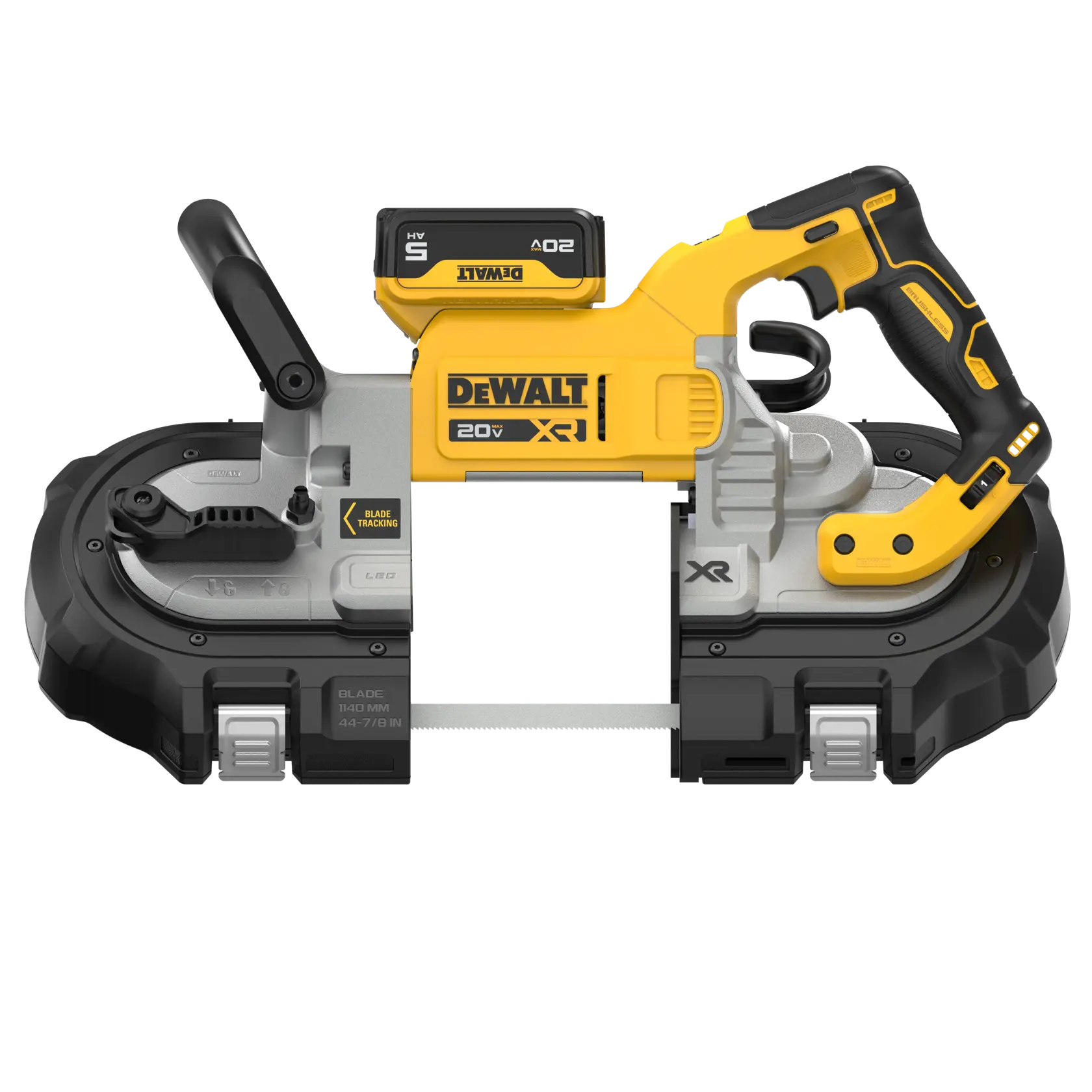 A DEWALT 20V XR cordless portable bandsaw featuring a yellow and black design, ergonomic handle, and blade guard. The product is shown with its battery attached.