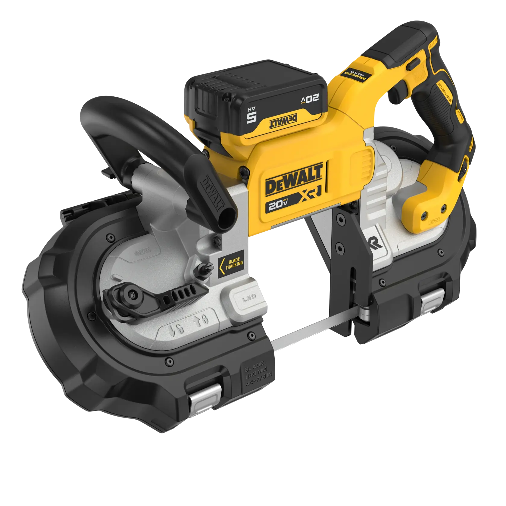 A DEWALT 20V portable band saw with a yellow and black body, battery pack, ergonomic handles, and blade guard, designed for cutting metal and construction materials.
