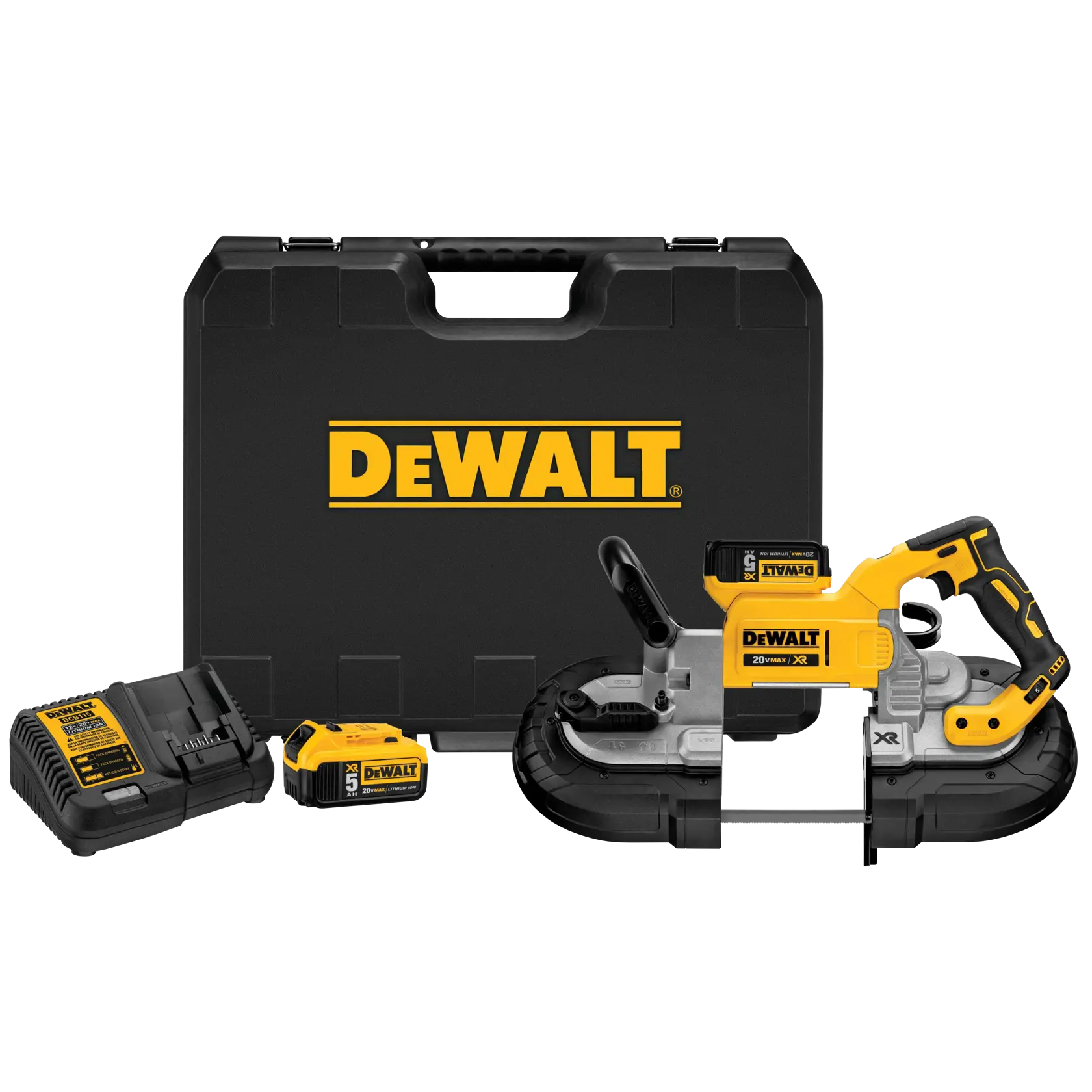 A DEWALT cordless band saw kit, including a yellow and black band saw, a battery, a charger, and a hard carrying case with the DEWALT logo.