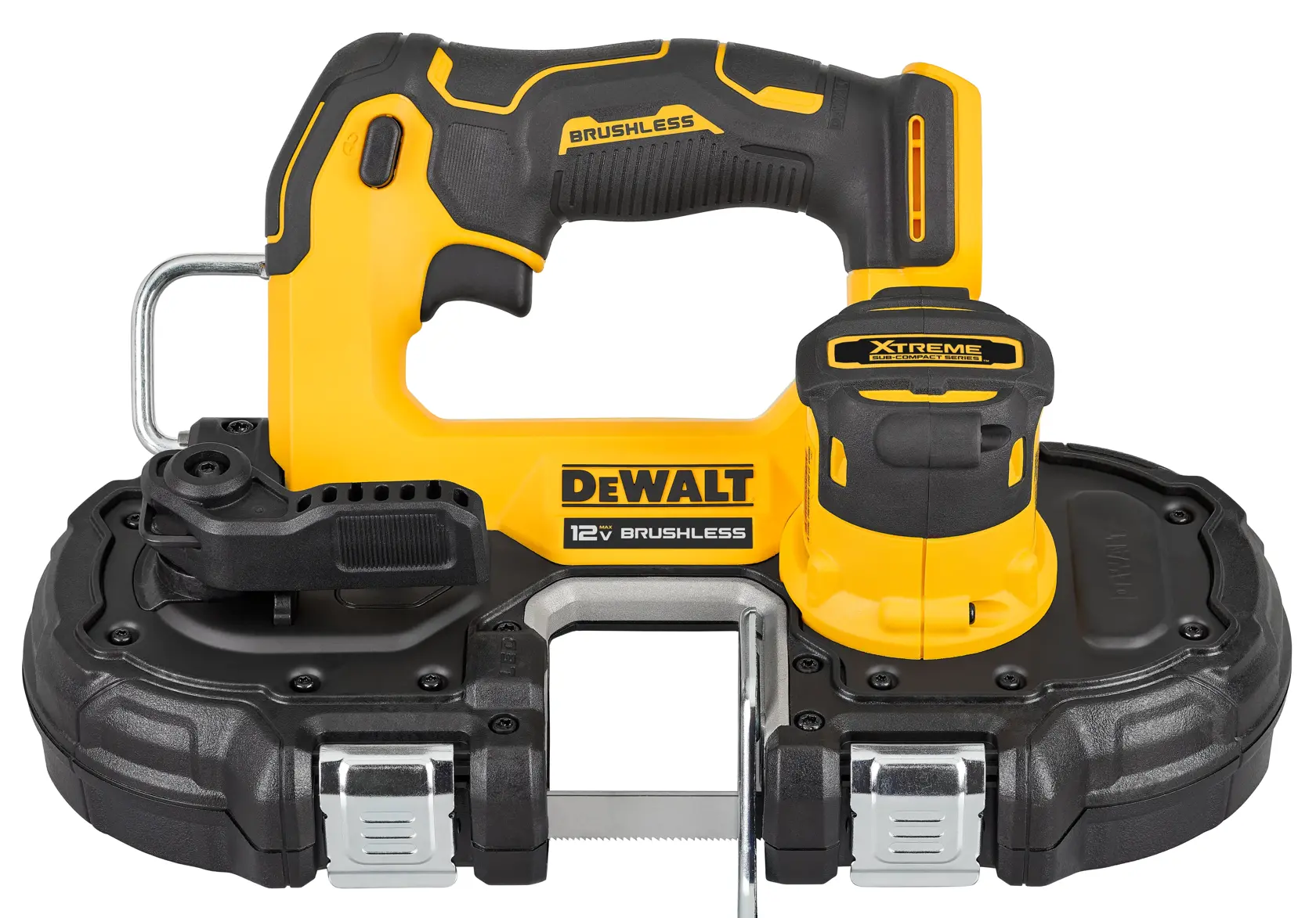 A DEWALT 12V brushless handheld band saw with a yellow and black design, featuring the model DCS375B. The tool is compact and portable, suitable for cutting various materials in construction and woodworking.
