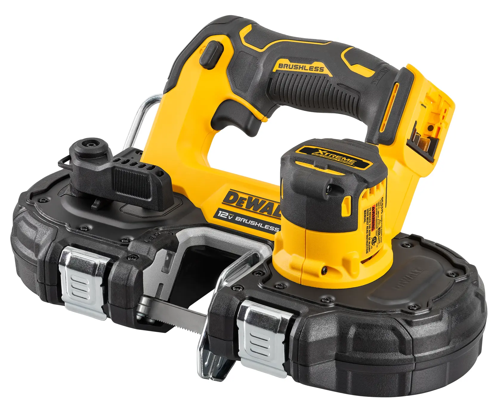 A DEWALT 12V brushless cordless band saw with a yellow and black design, compact shape, ergonomic handle, visible blade, and safety features, designed for cutting metal and other materials.