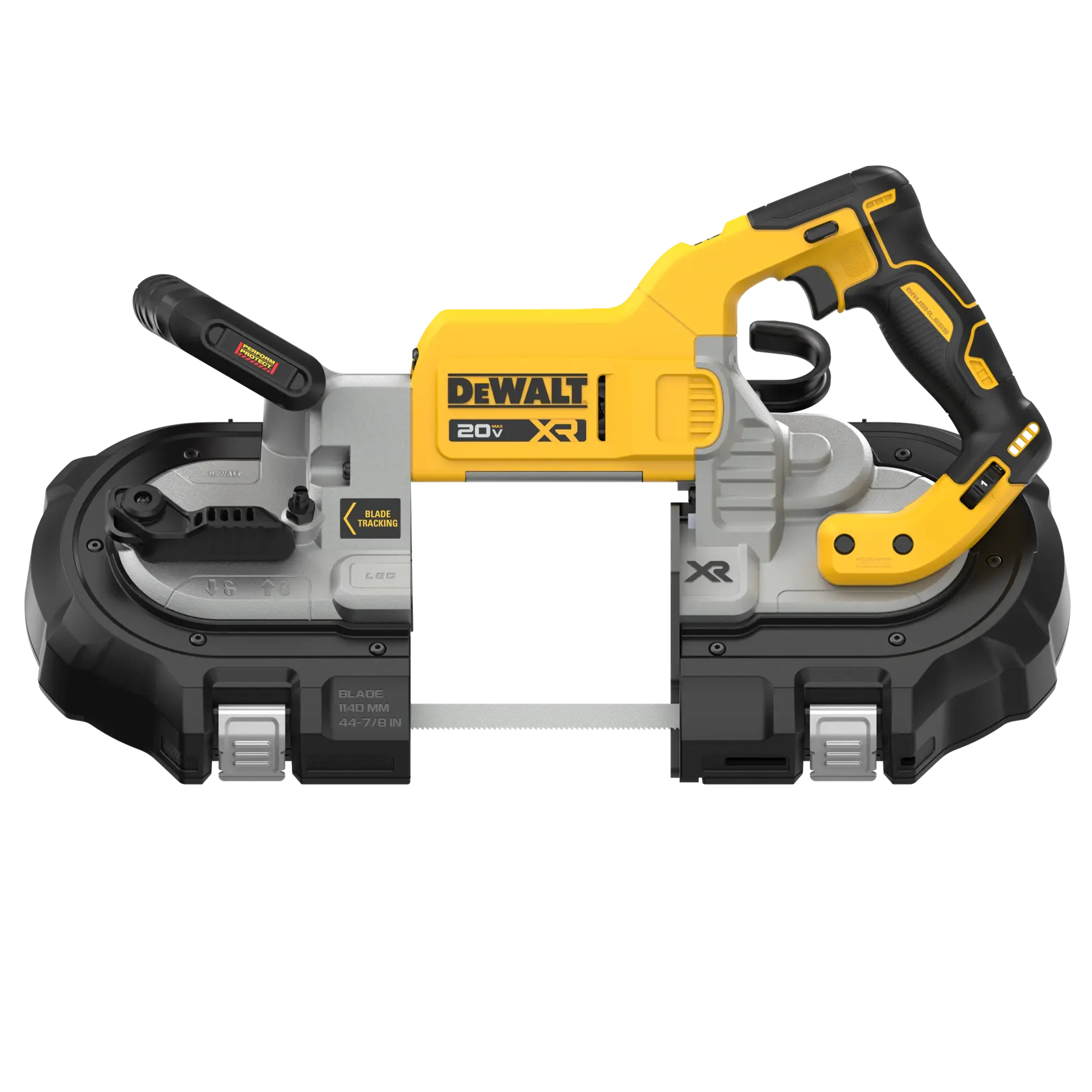 A DEWALT 20V XR cordless band saw with a yellow and black handle and body, designed for cutting metal or wood materials.